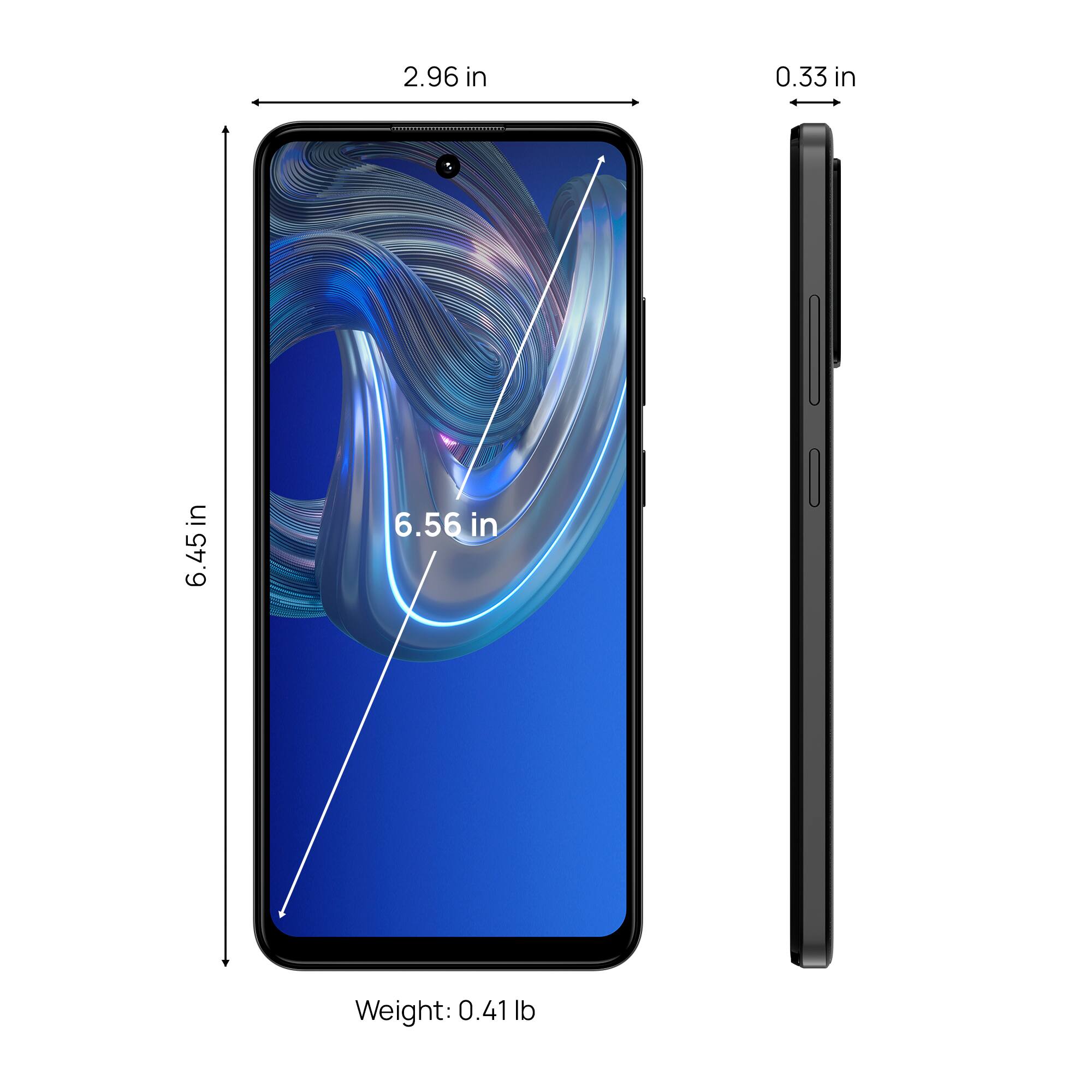 The image shows a cell phone with a blue background and a measurement of 6.45 inches. The phone is being held next to a ruler, which indicates that it is 6.56 inches in length. The weight of the phone is 0.41 pounds.