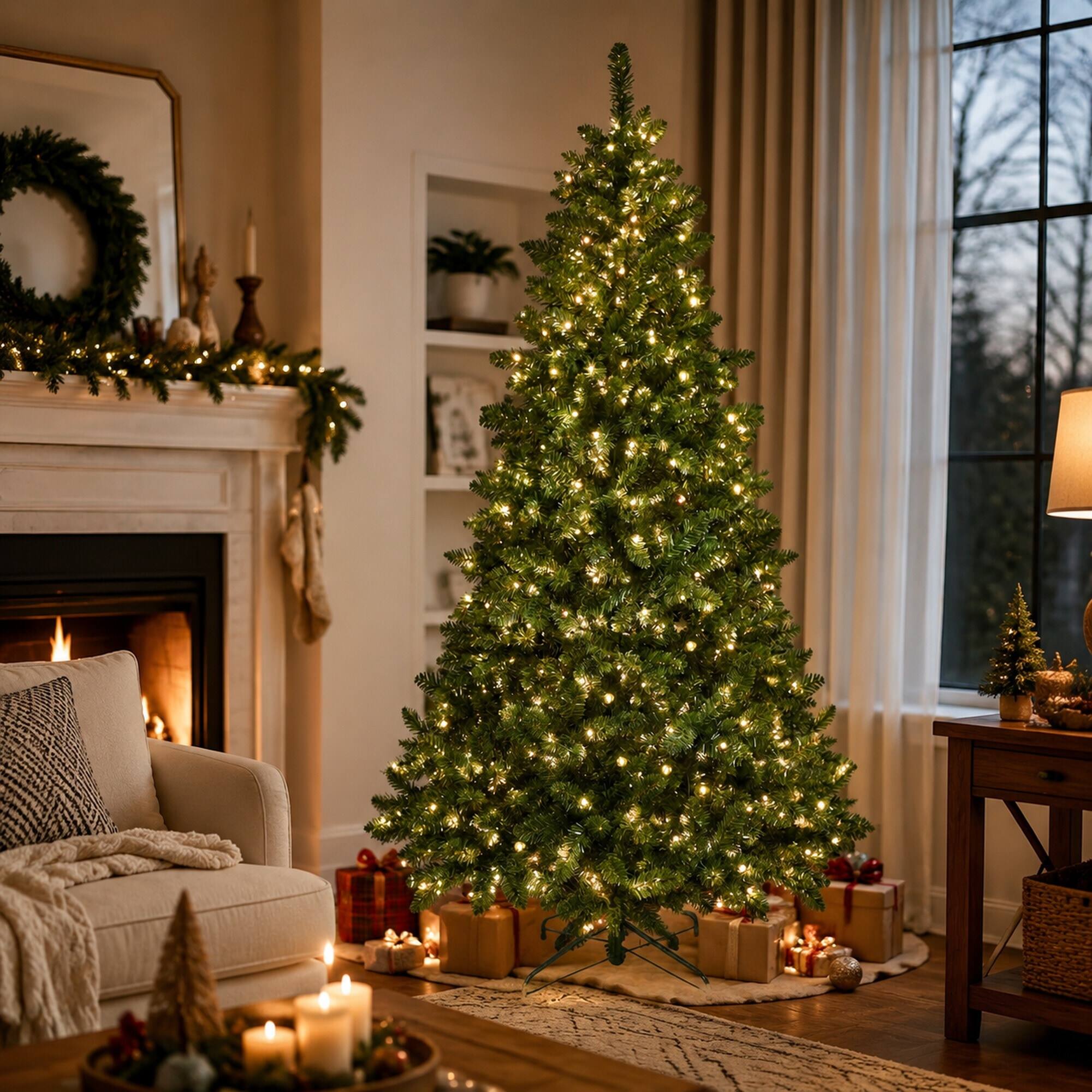 Left. RYHNUYNE - 9FT Smart RGB Christmas Tree, 620 WiFi-Controlled LED Lights 38 Modes Music Sync 1721 PVC Tips Hinged Metal Stand - Green.