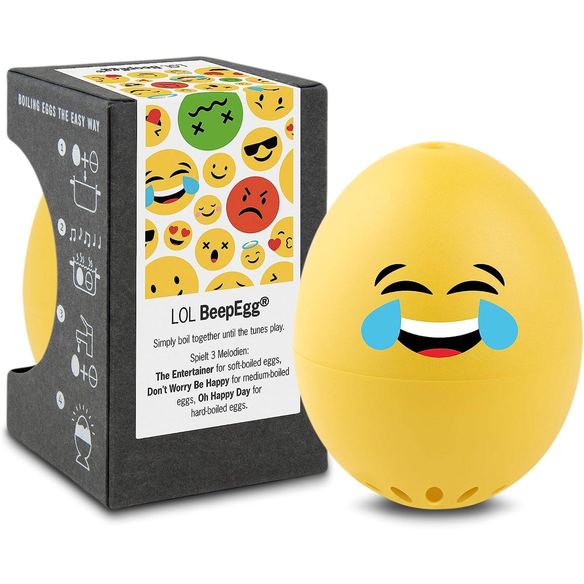 BOILING EGGS THE EASY WAY

1. + 2. 3. R

LOL BeepEgg

Simply boil together until the tunes play. Spielt 3 Melodien: The Entertainer for soft-boiled eggs, Don't Worry Be Happy for medium-boiled eggs, Oh Happy Day for hard-boiled eggs.