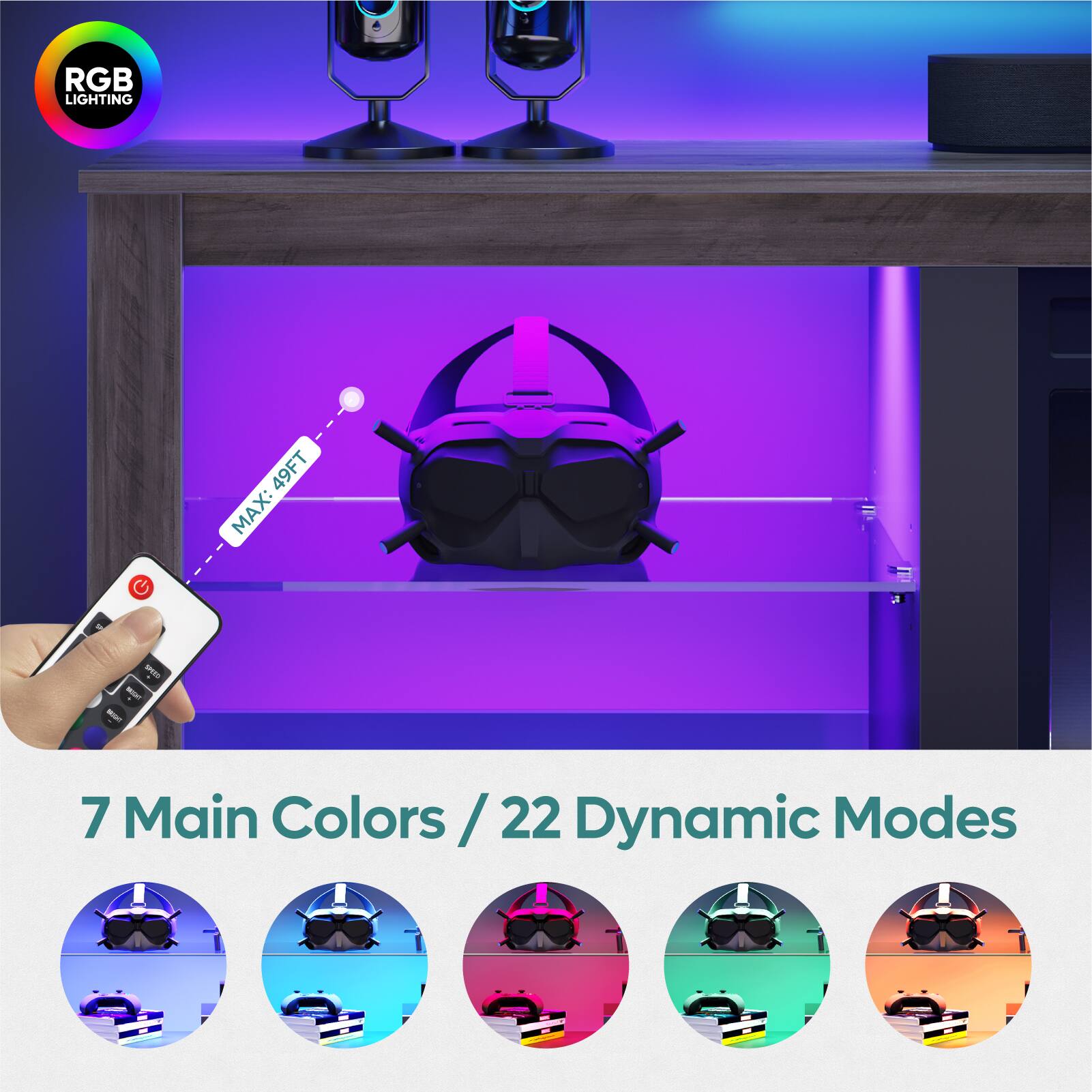 RGB LIGHTING 49FT MAX: 7 Main Colors / 22 Dynamic Modes