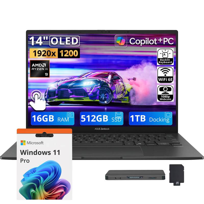 14" OLED 1920x1200 AMD Ryzen 9 Copilot+PC Backlit Keyboard WiFi 6E 1080p Webcam 16GB RAM 512GB SSD 1TB Docking ASUS Zenbook Microsoft Windows 11 Pro