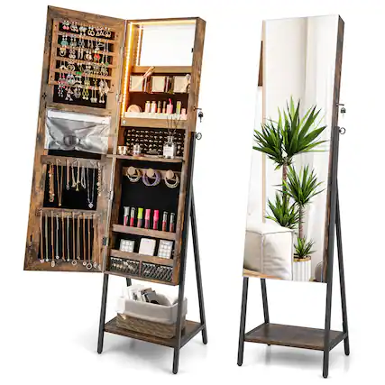 Front. Costway - Jewelry Cabinet Armoire 3 Color LED Modes Full-Length Frameless Mirror Lockable Brown - Rustic Brown.