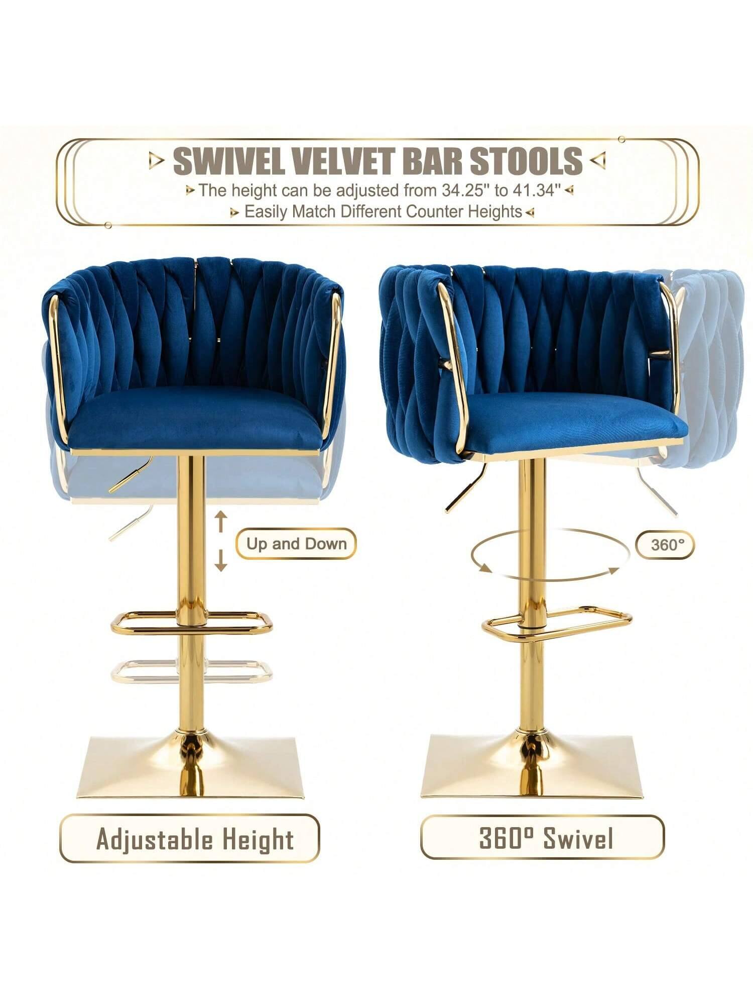 SWIVEL VELVET BAR STOOLS

- The height can be adjusted from 34.25" to 41.34"
- Easily Match Different Counter Heights

Adjustable Height
Up and Down

360° Swivel
360°