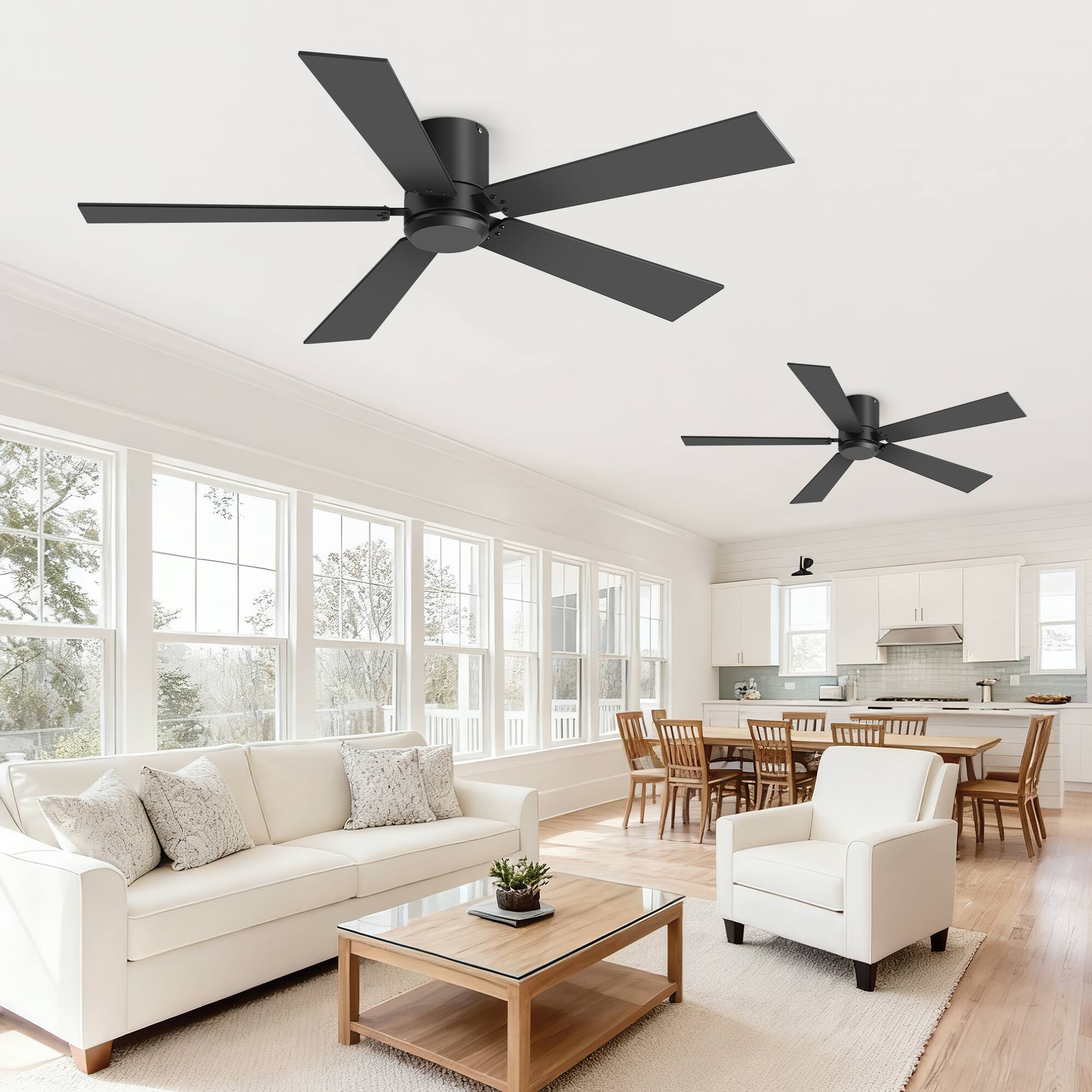 Alt View 1. Breezary - 42-Inch Flush Mount Ceiling Fan 2-Pack, Reversible Dual-Color Plywood Blades, Remote Control, DC Motor, No Light - Black (Two Pack).