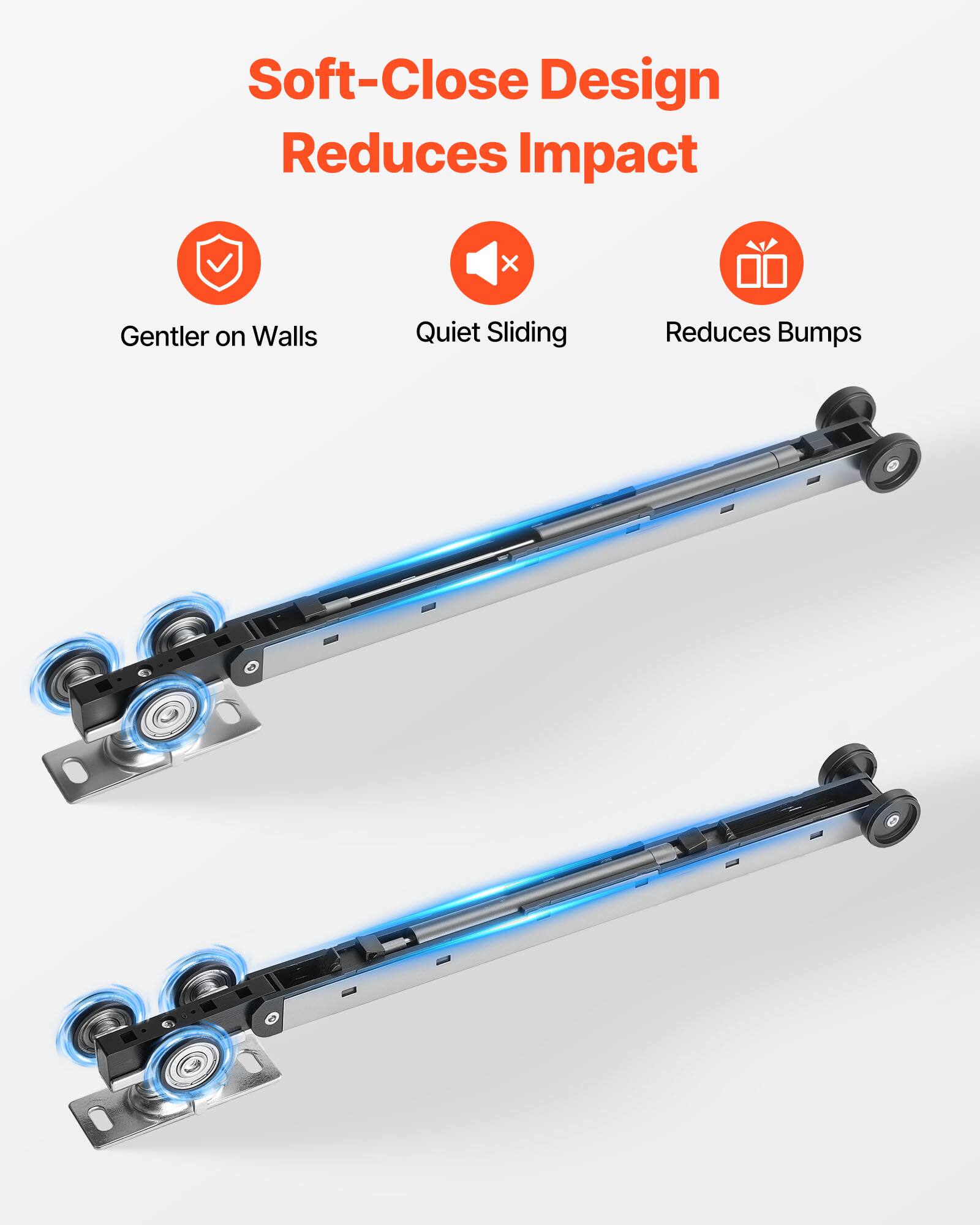 Soft-Close Design Reduces Impact

- Gentler on Walls
- Quiet Sliding
- Reduces Bumps