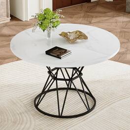 Loheer - Round Dining Table with White Marble Pattern Top and Black Metal Base, 47.3-Inch Table for Four to Six - White and black