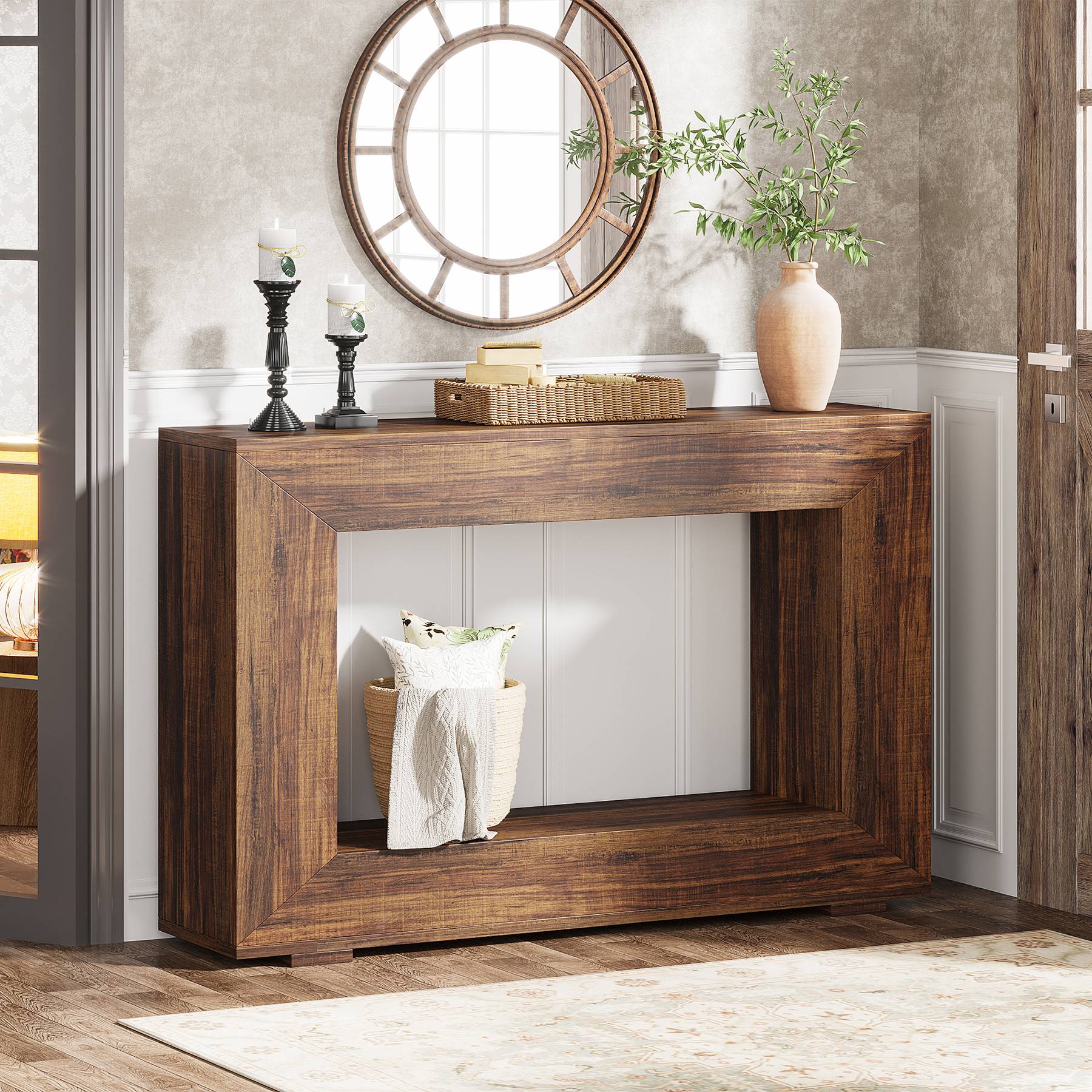 Front. Tribesigns - Farmhouse Console Table with Engineered Wood Construction and Wood Grain Finish for Entryway - Brown.