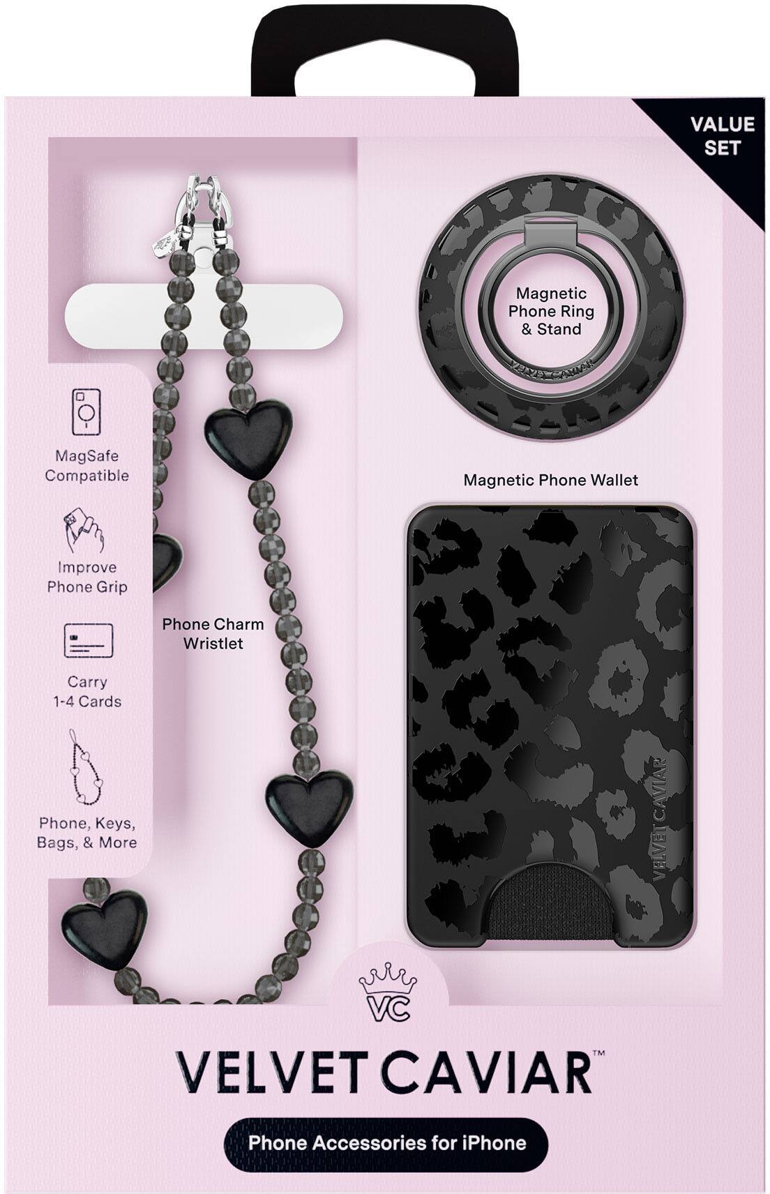 VALUE SET

Magnetic Phone Ring & Stand  
Magnetic Phone Wallet

Phone Charm Wristlet

MagSafe Compatible  
Improve Phone Grip  
Carry 1-4 Cards  
Phone, Keys, Bags, & More

VELVET CAVIAR  
Phone Accessories for iPhone