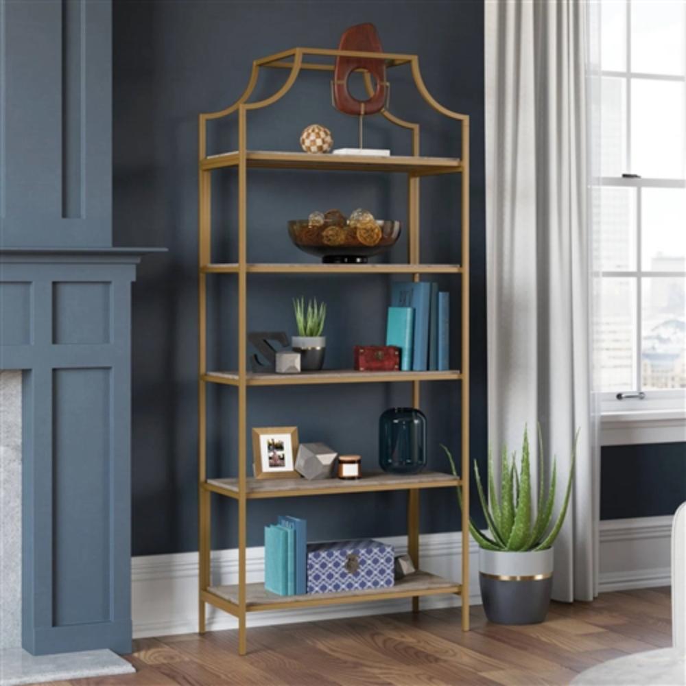 Angle. Hivvago - Gold Metal Display Rack Etagere Bookcase with 5 Faux Stone Storage Shelves - Gold.