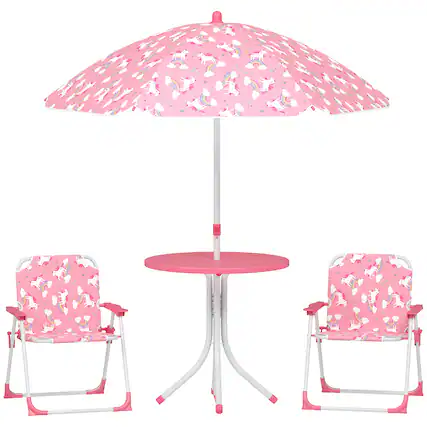Front. Qaba - Kids Picnic Table, Kids Table and Chair Set with 2 Folding Chairs and Umbrella for Backyard, Garden - Pink.