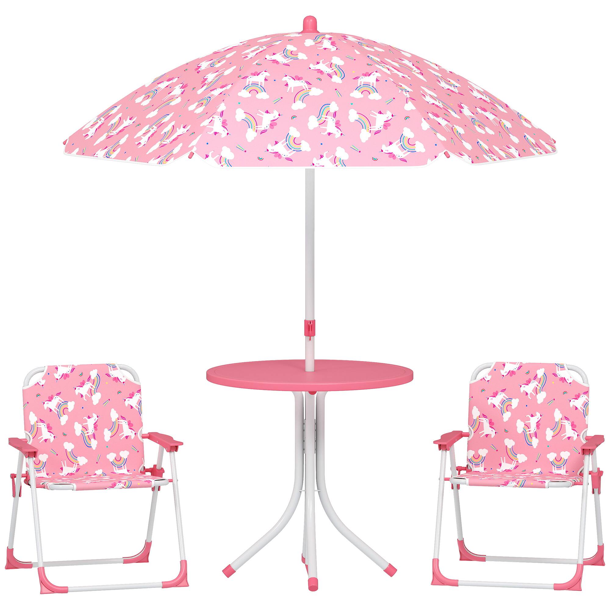 Front. Qaba - Kids Picnic Table, Kids Table and Chair Set with 2 Folding Chairs and Umbrella for Backyard, Garden - Pink.