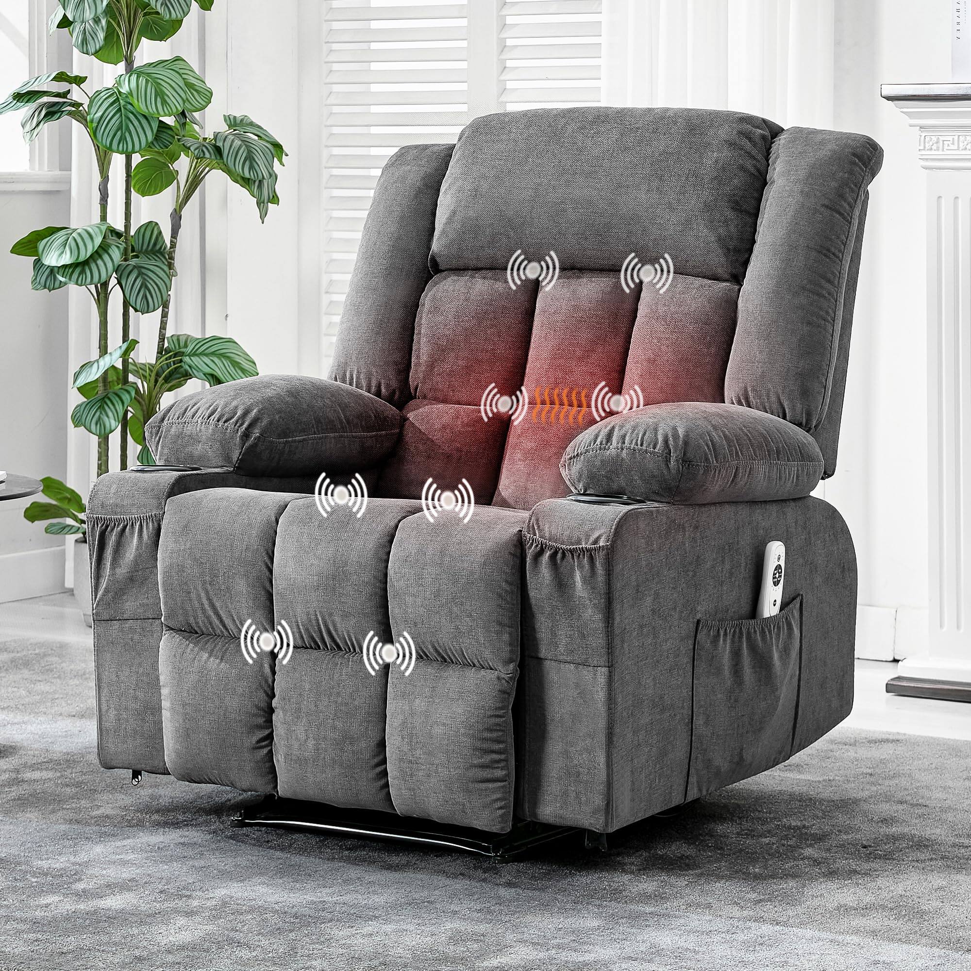 Front. Jojoka - 37.4" Oversize Manual Recliner Chair with Heat Massage, Rocking Chair with Cup Holders, Side Pockets - Grey.