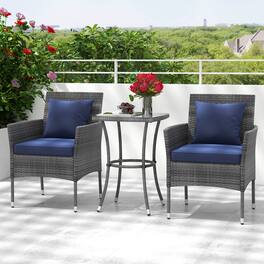 Gymax - 3-Piece Patio Furniture Set PE Wicker Conversation Bistro Set w/ A Tempered Glass Table - Navy