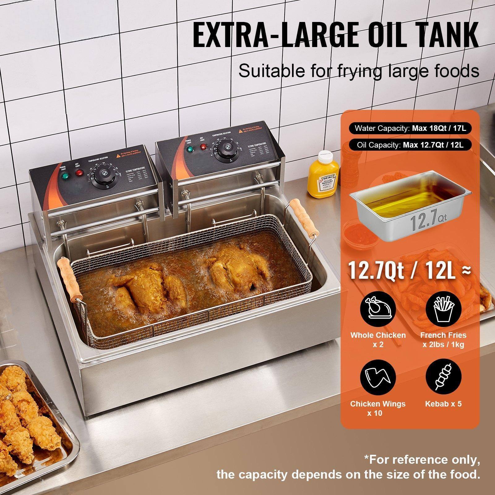 **EXTRA-LARGE OIL TANK**  
Suitable for frying large foods

- Water Capacity: Max 18Qt / 17L
- Oil Capacity: Max 12.7Qt / 12L

**12.7Qt / 12L ≈**
- Whole Chicken x 2
- French Fries x 2lbs / 1kg
- Chicken Wings x 10
- Kebab x 5

*For reference only, the capacity depends on the size of the food.*