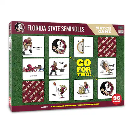 **Florida State Seminoles Match Game**
- **Quarterback Sneak**
- **Stiff Arm**
- **Shovel Pass**
- **Flea Flicker**
- **Porch Pound**
- **Half Time**
- **Horse Tackle**
**Go for Two!**
**36 Cards**
**Ages 3+**
**A Match Game of Football Fun for the Whole Family**