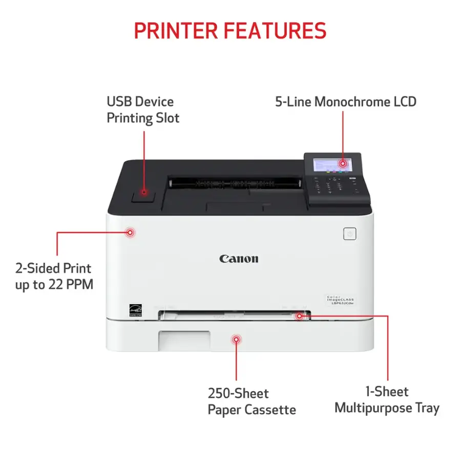 Printer Features:

1. USB Device Printing Slot
2. 5-Line Monochrome LCD
3. 2-Sided Print up to 22 PPM
4. CR/LF
5. Canon - TH LAS en 1M C.... W.A.. Te.IO
6. 250-Sheet Paper Cassette
7. 1-Sheet Multipurpose Tray