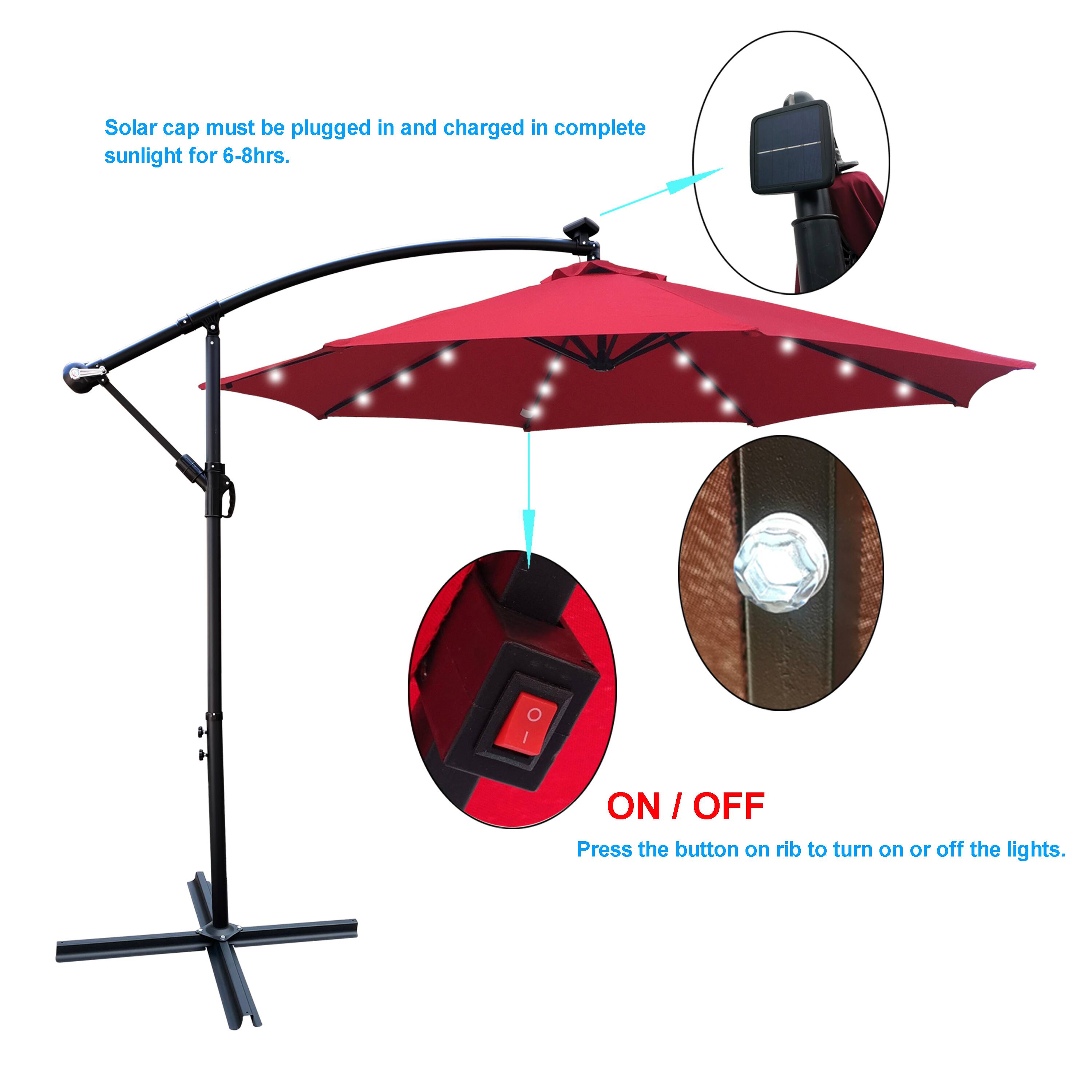Solar cap must be plugged in and charged in complete sunlight for 6-8hrs.  
ON / OFF  
Press the button on rib to turn on or off the lights.