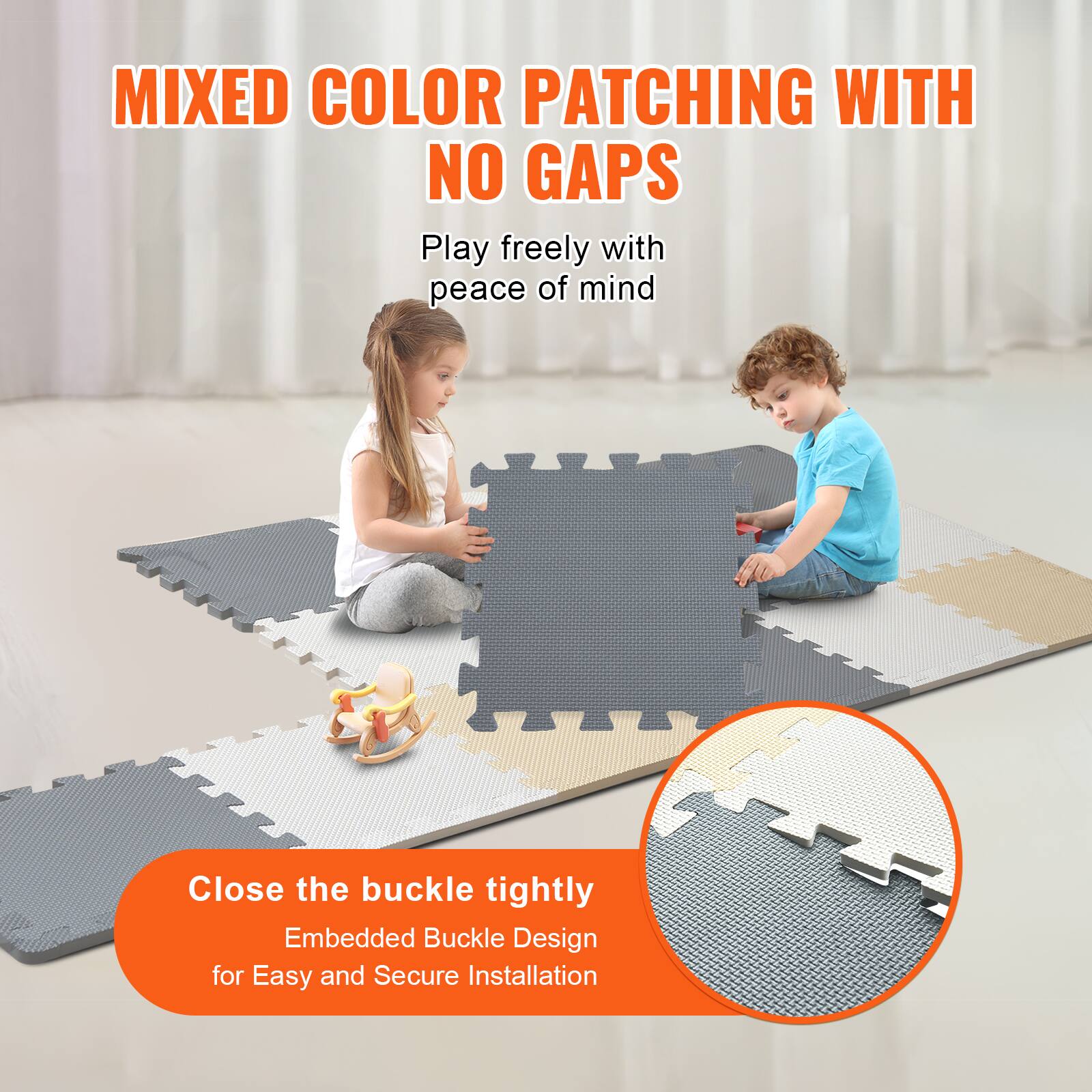 MIXED COLOR PATCHING WITH NO GAPS
Play freely with peace of mind
Close the buckle tightly
Embedded Buckle Design for Easy and Secure Installation