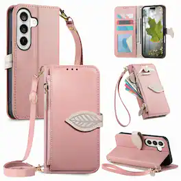 Dteck - for Samsung Galaxy S26 Wallet Case,PU Leather Flip Zipper Card Slot Leaf-Buckle Shockproof Cover with Wrist Strap - Rosegold