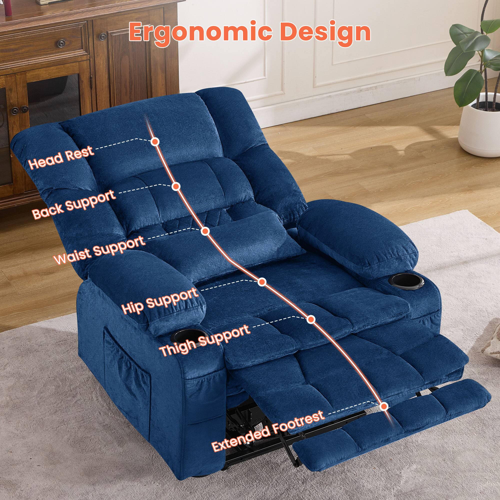 Ergonomic Design

- Head Rest
- Back Support
- Waist Support
- Hip Support
- Thigh Support
- Extended Footrest