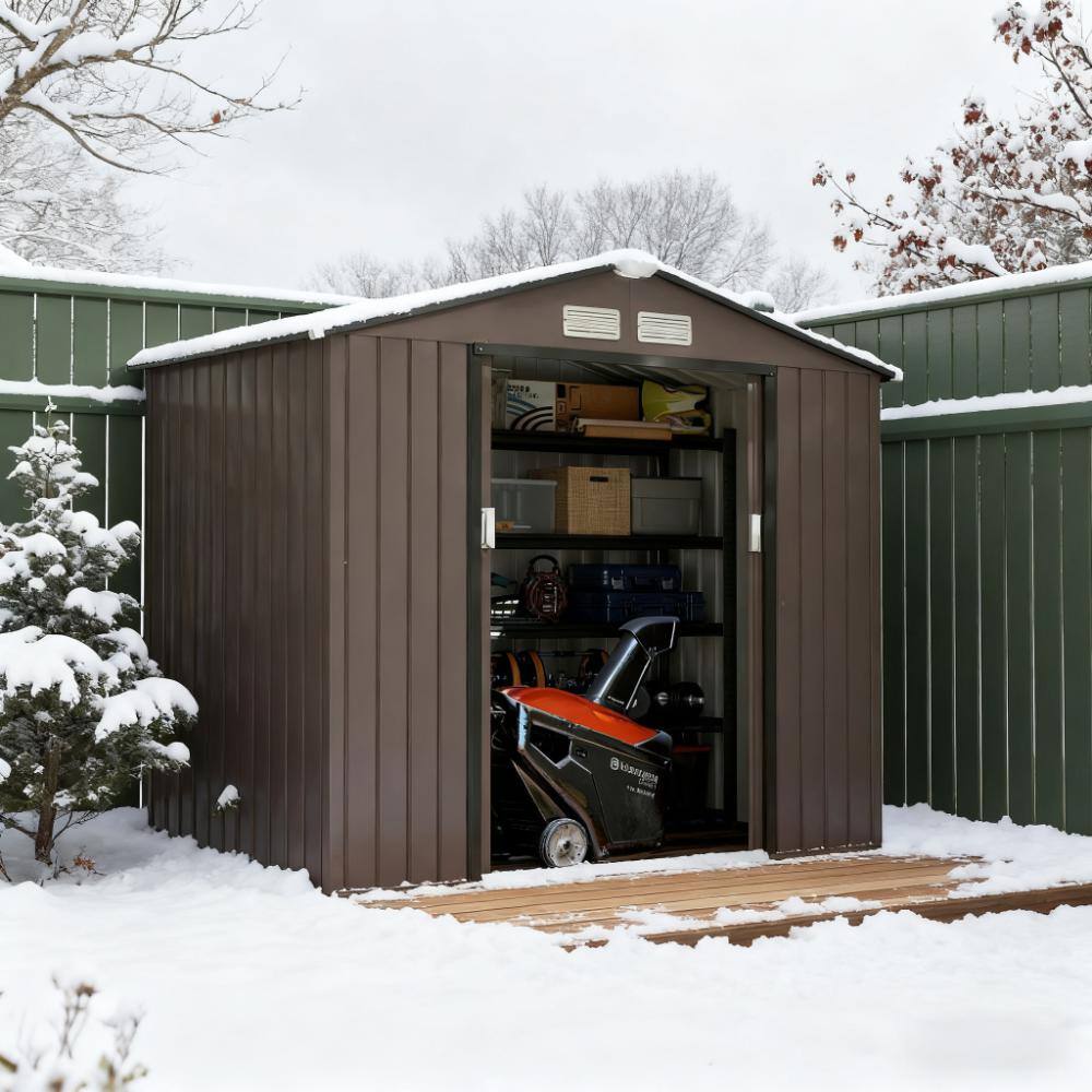 Front. TinyHomie - Brown 83.75in L x 51.25in W x 72.75in H Outdoor Storage Shed Garden Tool House for Backyard Patio.