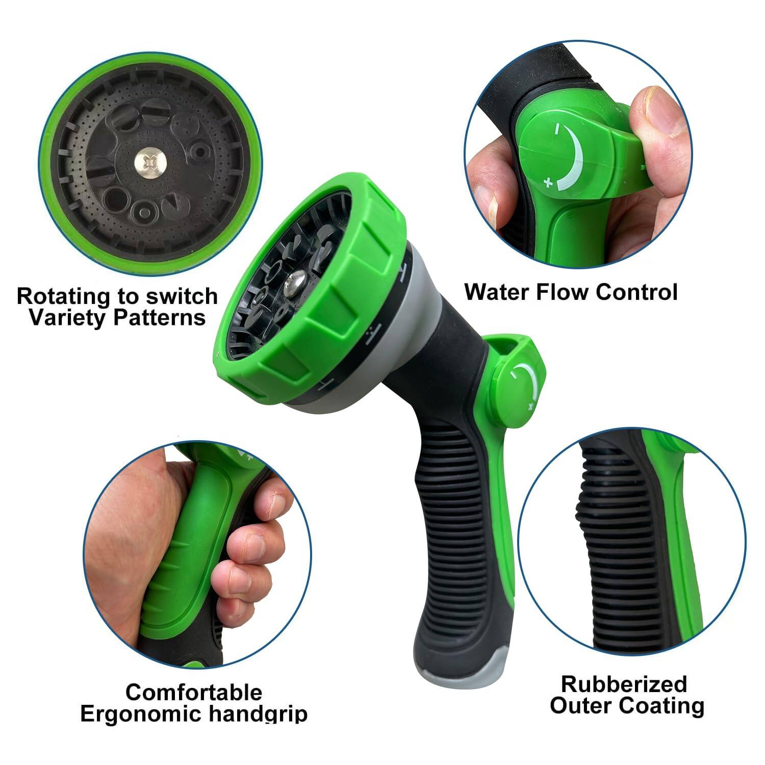 - Rotating to switch Variety Patterns
- Water Flow Control
- Comfortable Ergonomic handgrip
- Rubberized Outer Coating