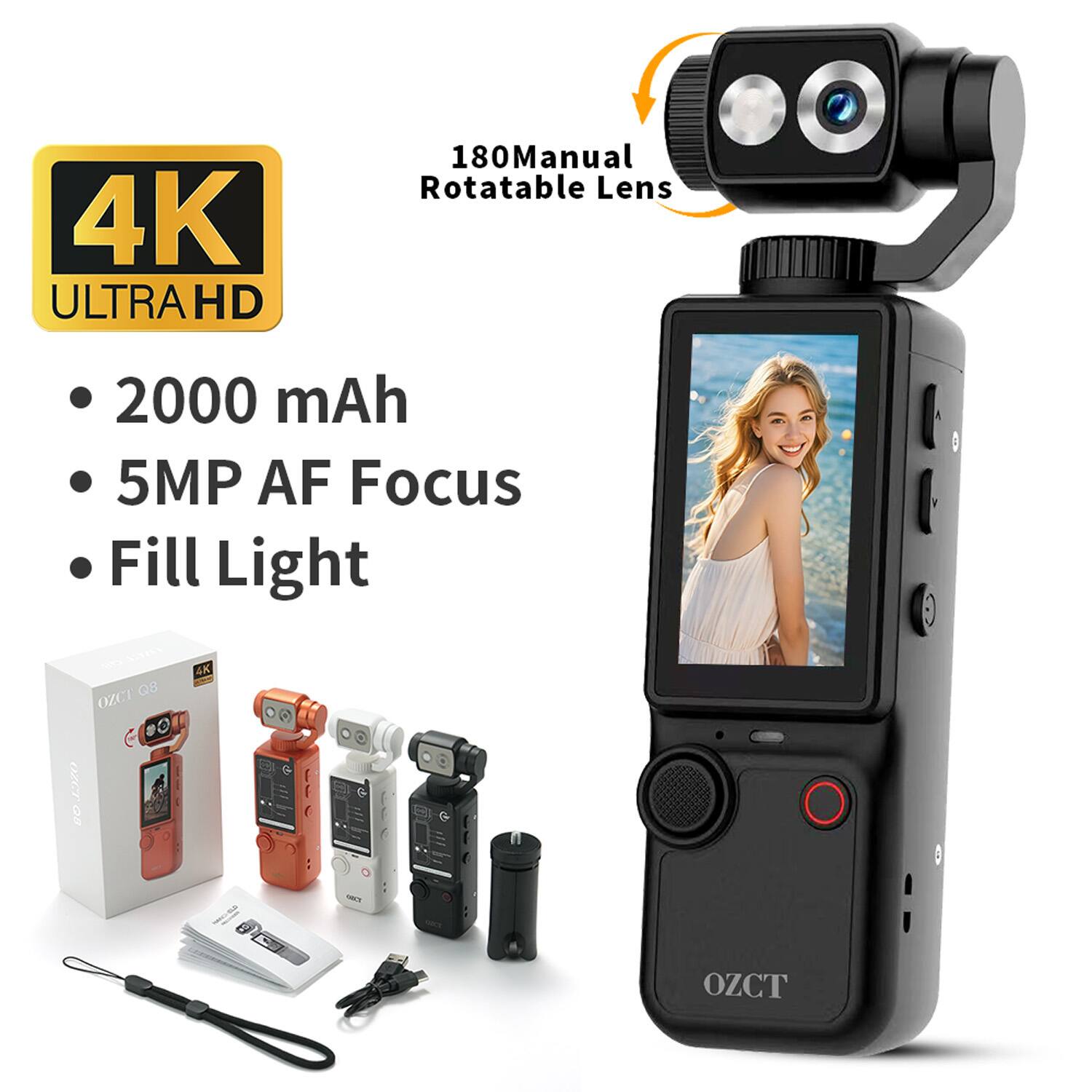 4K ULTRA HD 180 Manual Rotatable Lens 2000 mAh 5MP AF Focus Fill Light