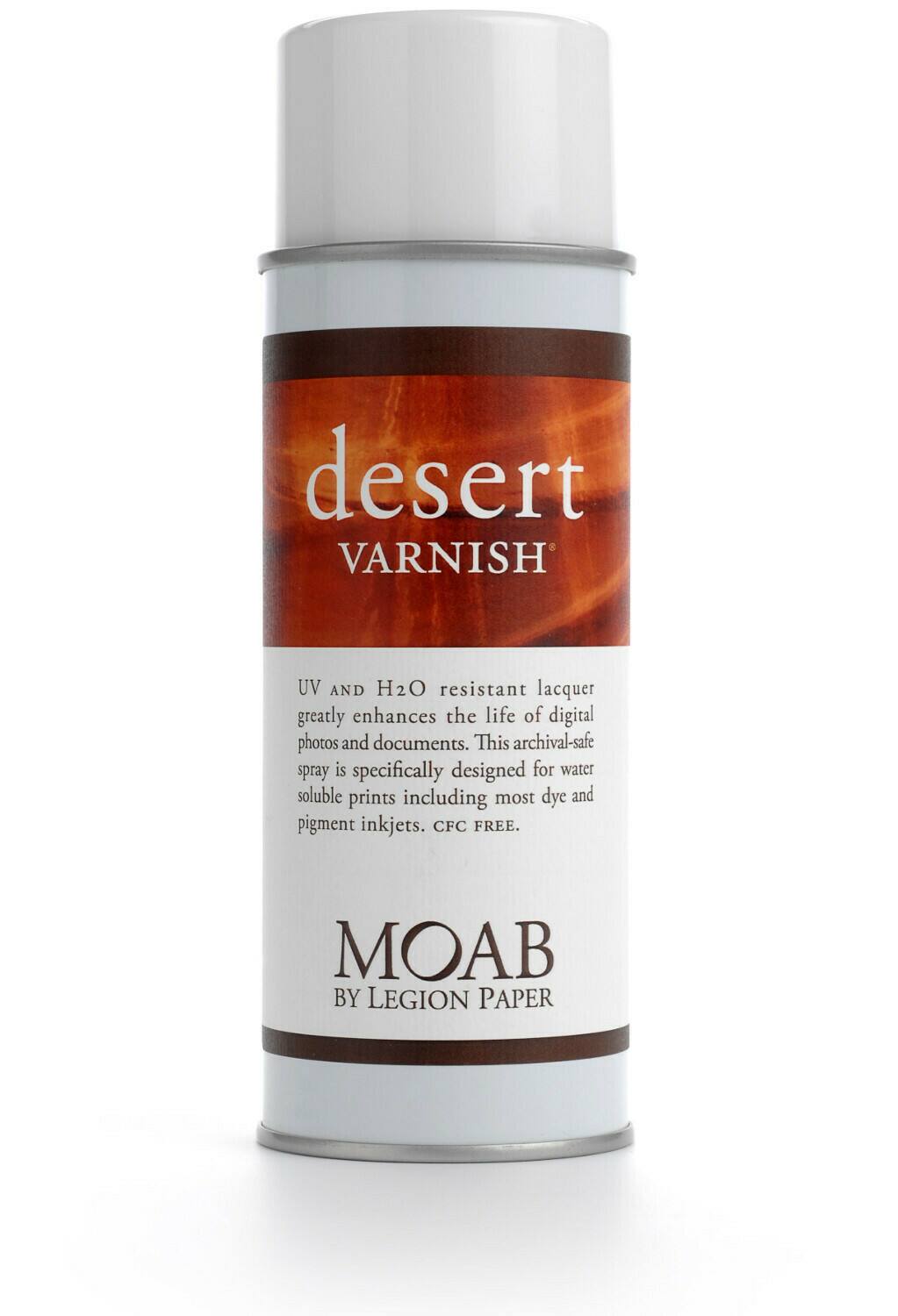 desert VARNISH UV AND H2O resistant lacquer greatly enhances the life of digital photos and documents. This archival-safe spray is specifically designed for water soluble prints including most dye and pigment inkjets. CFC FREE. MOAB BY LEGION PAPER