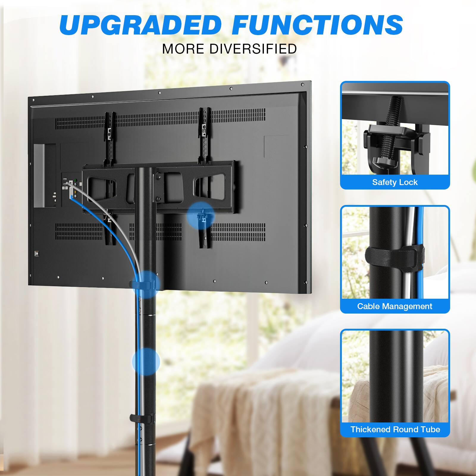 UPGRADED FUNCTIONS  
MORE DIVERSIFIED

- Safety Lock
- Cable Management
- Thickened Round Tube