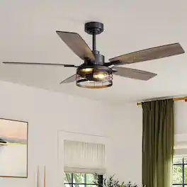 Siljoy - 52 Inch Matte Industrial Iron Cage Ceiling Fan with Lights APP Control for Indoor Patio - Black