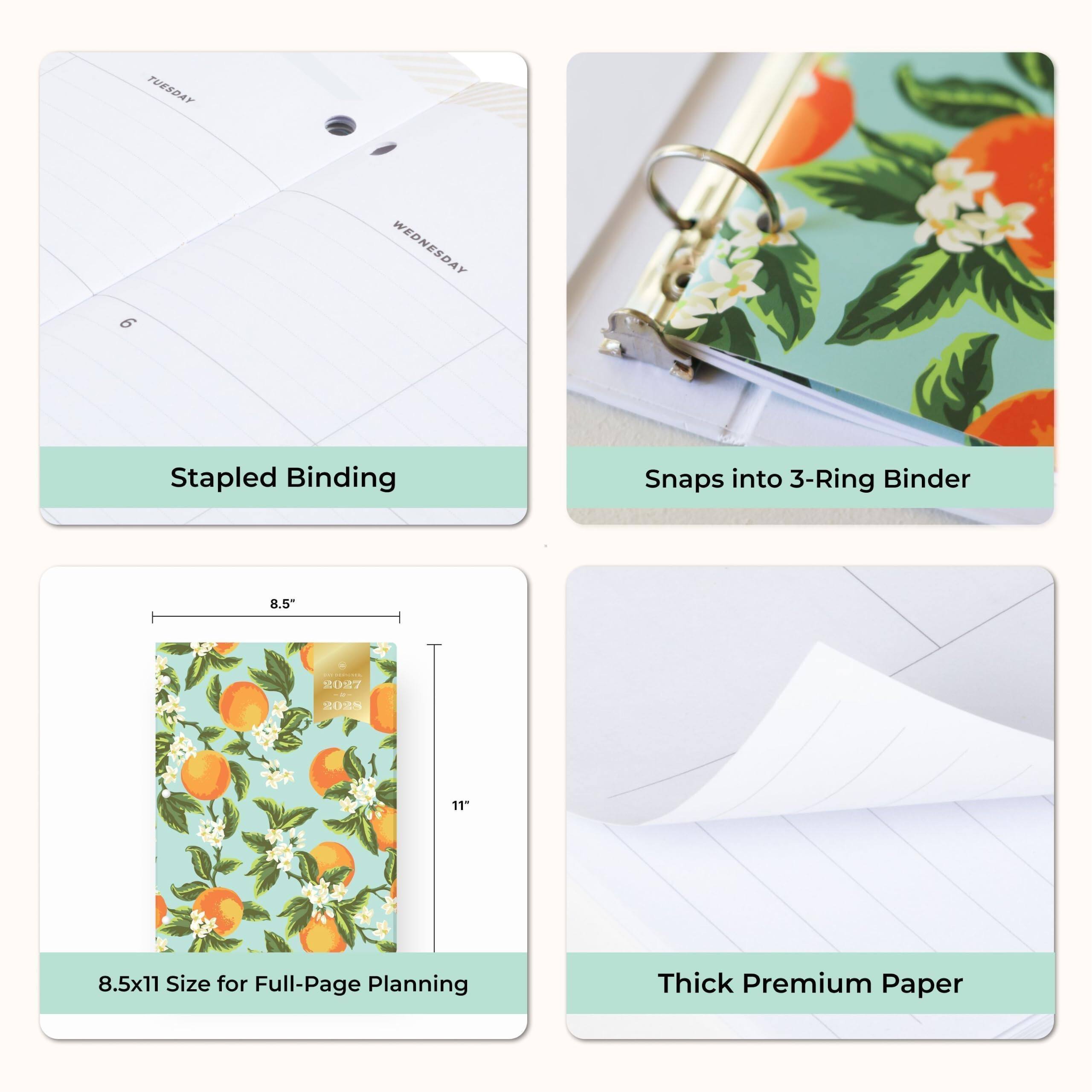 TUESDAY  
6  
WEDNESDAY  

Stapled Binding  
Snaps into 3-Ring Binder  
8.5"  
11"  
8.5x11 Size for Full-Page Planning  
Thick Premium Paper