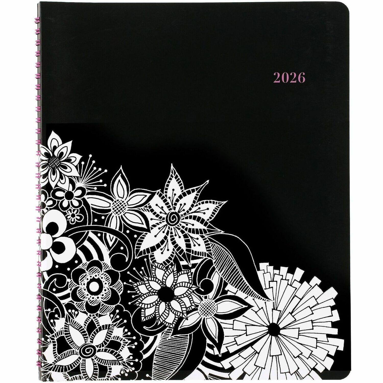 Front. Cambridge - Cambridge FloraDoodle Premium Weekly Monthly Appointment Book, Black, White, Large, 8 1/2 x 11, Multi.