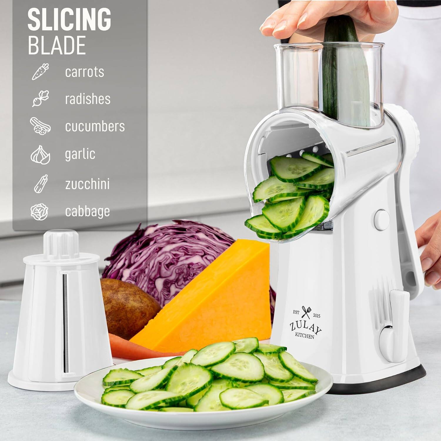 SLICING BLADE  
carrots  
radishes  
cucumbers  
garlic  
zucchini  
cabbage  

EST 2015  
ZULAY KITCHEN