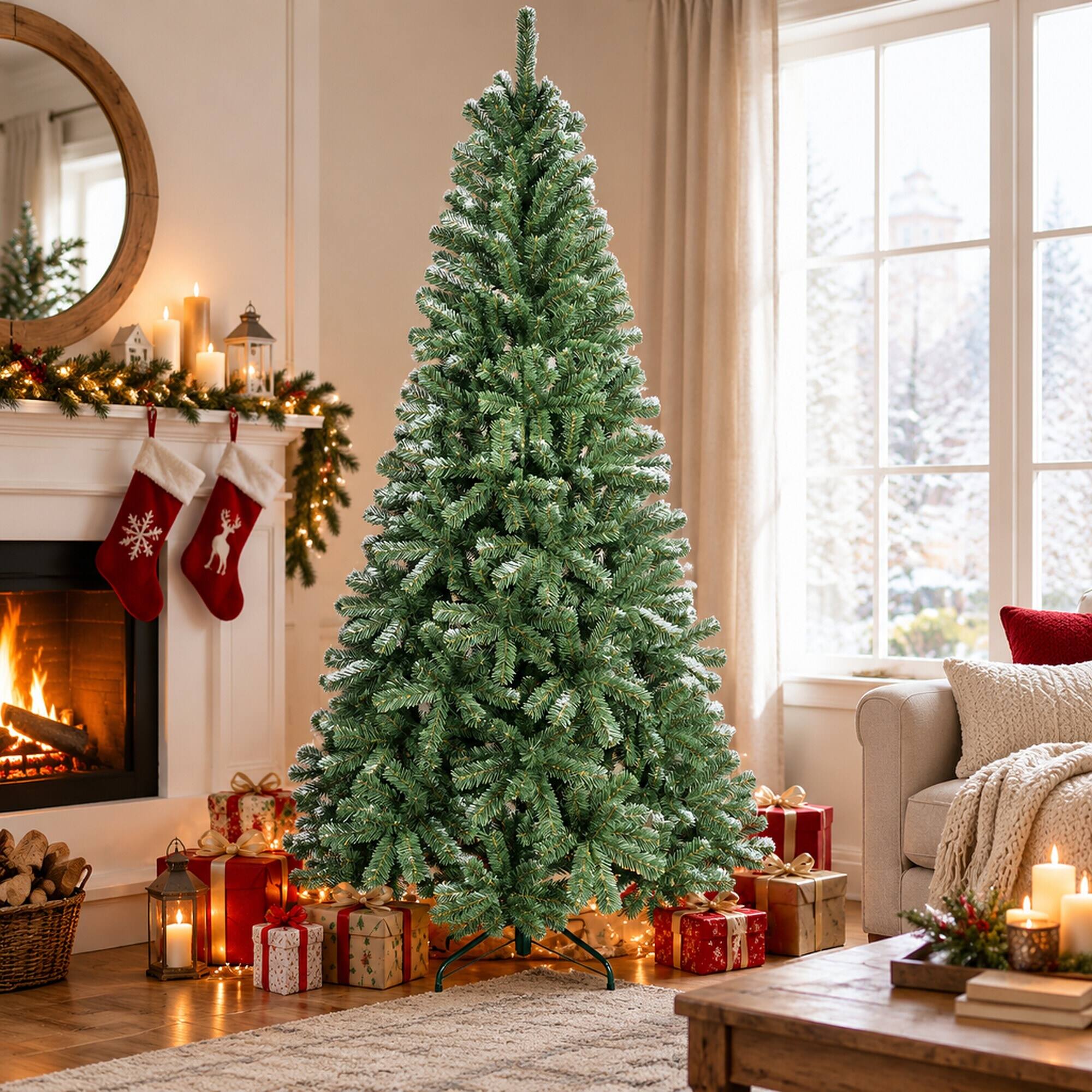 Angle. RYHNUYNE - 8 Ft Full Green Artificial Christmas Tree With 1136 PVC Tips,Hinged Structure Metal Stand Easy Setup Holiday Decor - Green.