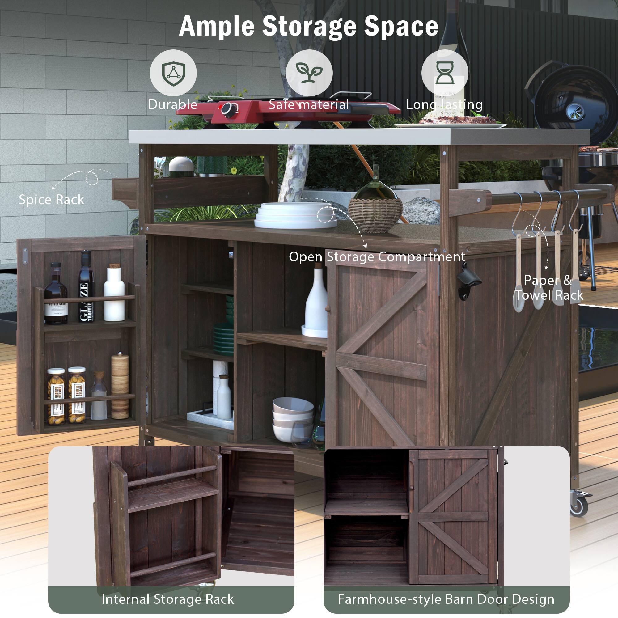 Ample Storage Space

- Durable
- Safe material
- Long lasting

Spice Rack

Open Storage Compartment

Paper & Towel Rack

Internal Storage Rack

Farmhouse-style Barn Door Design