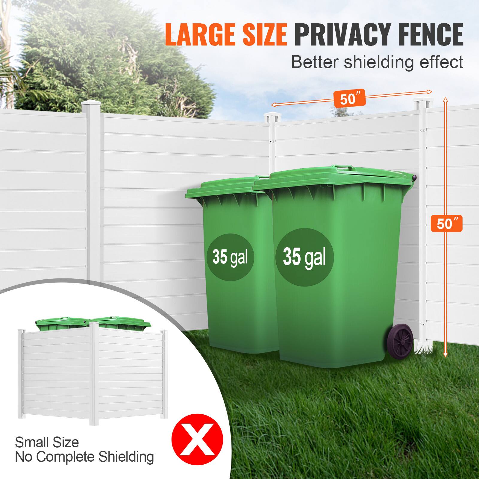 LARGE SIZE PRIVACY FENCE Better shielding effect 50" 35 gal 35 gal 50" Small Size No Complete Shielding