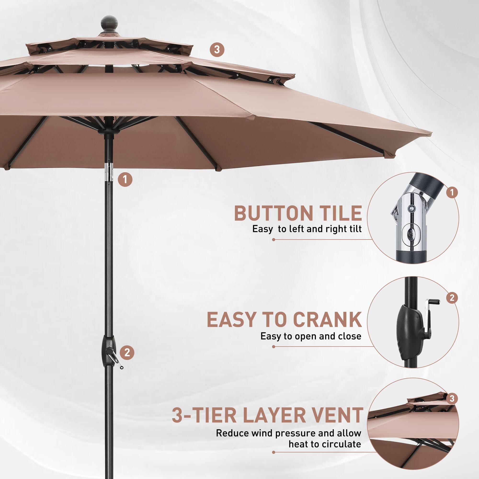 1. BUTTON TILE  
   Easy to left and right tilt

2. EASY TO CRANK  
   Easy to open and close

3. 3-TIER LAYER VENT  
   Reduce wind pressure and allow heat to circulate