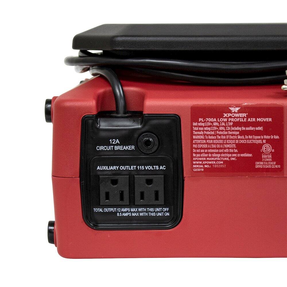 12A CIRCUIT BREAKER AUXILIARY OUTLET 115 VOLTS AC  
XPOWER PL-700A LOW PROFILE AIR MOVER  
Unit rating: 115V~ 60Hz 2.8A 1/3HP  
Total m rating: 115V~ 60Hz, 12A (including the auxiliary outlet)  
Thermally Protected / Protection thermique  
WARNING: To Reduce The Risk Of Electric Shock, Do Not Expose to Water Or Rain.  
ATTENTION: POUR REDUIRE LE RISQUE DE CHOCS ELECTRIQUES NE PAS EXPOSER A L'EAU OU A L'HUMIDITE  
Do not use a extension cord with this fan.  
ETL  
Ne pas utiliser de rallonge electrique avec ce ventilateur.  
XPOWER MANUFACTURE, INC.  
WWW.XPOWER.COM  
CONFORMS TO UL STD 507  
SERIAL NO.: 1002852  
OFED TO: COSASTE C221 02/2019  
TOTAL OUTPUT: 12 AMPS MAX WITH THIS UNIT OFF  
8.5 AM