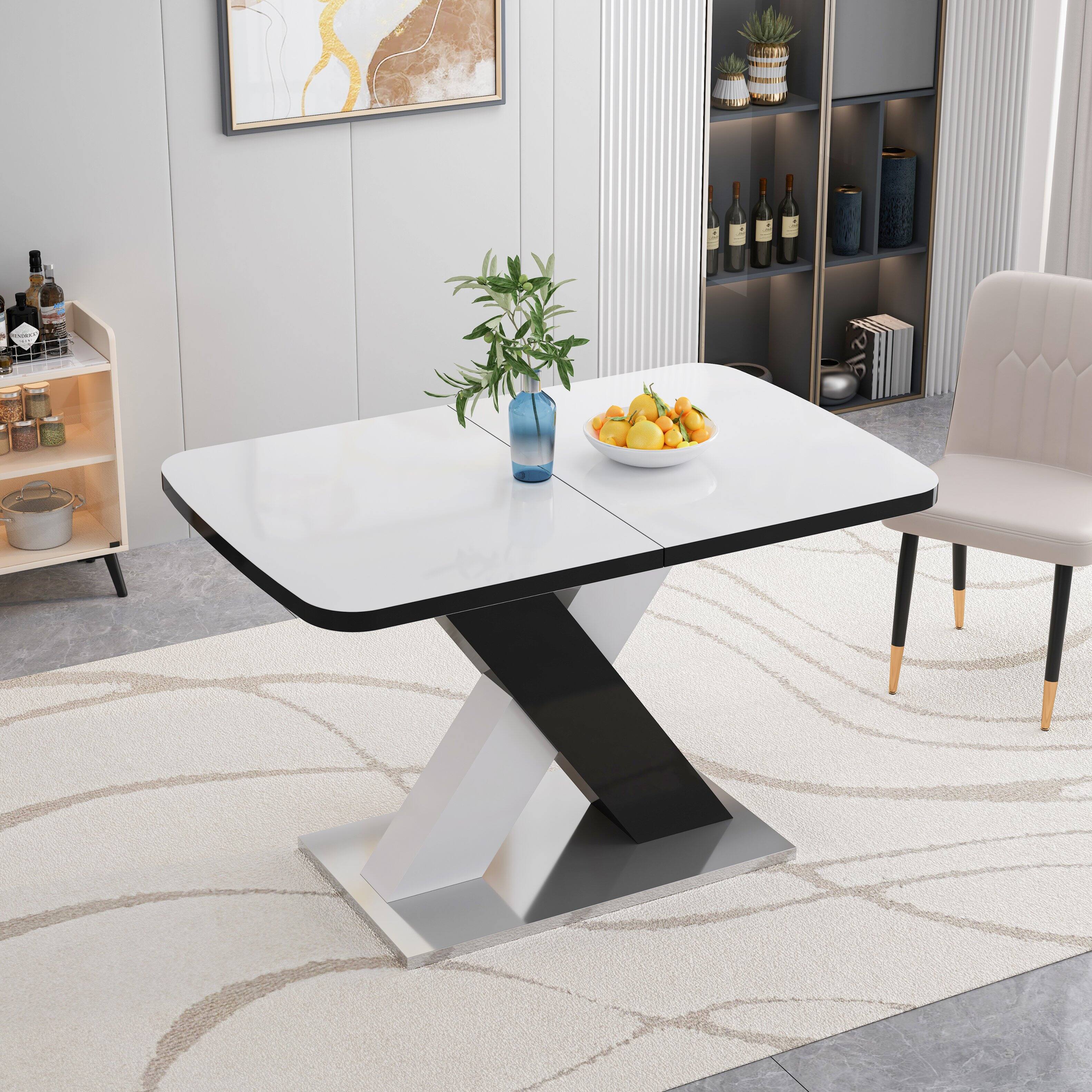 Back. Tiramisubest - Modern Square Dining Table, Stretchable, White Table Top + MDF X-Shape Black and White Color Table Leg with Metal Base - White+Black.