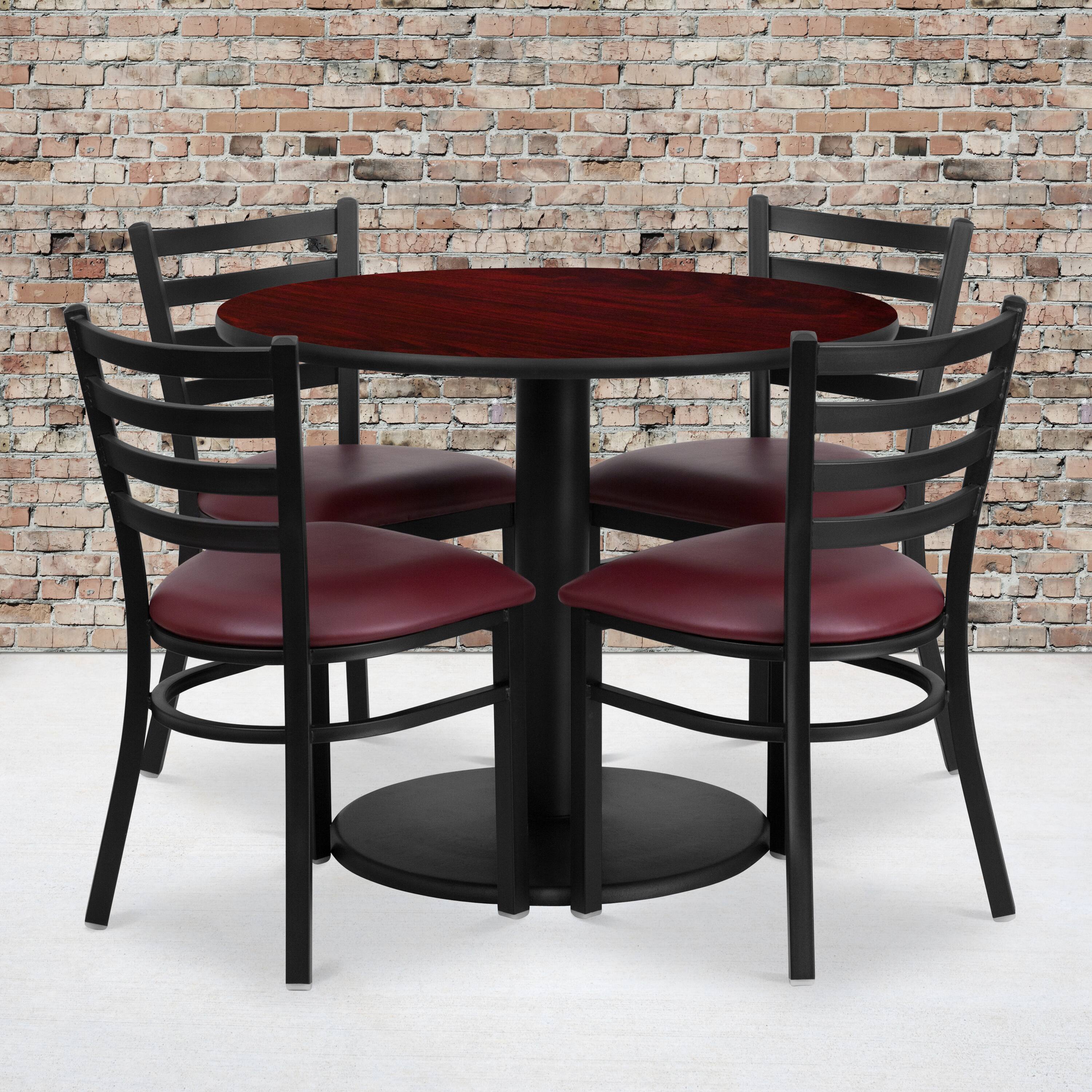 Angle. Flash Furniture - Jamie 36'' Round Mahogany Laminate Table Set with Round Base and 4 Ladder Back Metal Chairs - Burgundy Vinyl Seat - Burgundy.