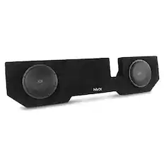 Front. NVX - 2002-2018 Ram Quad/Crew Cab - 700W RMS Custom-Fit Loaded Dual 10" Sealed Subwoofer Enclosure - Black.