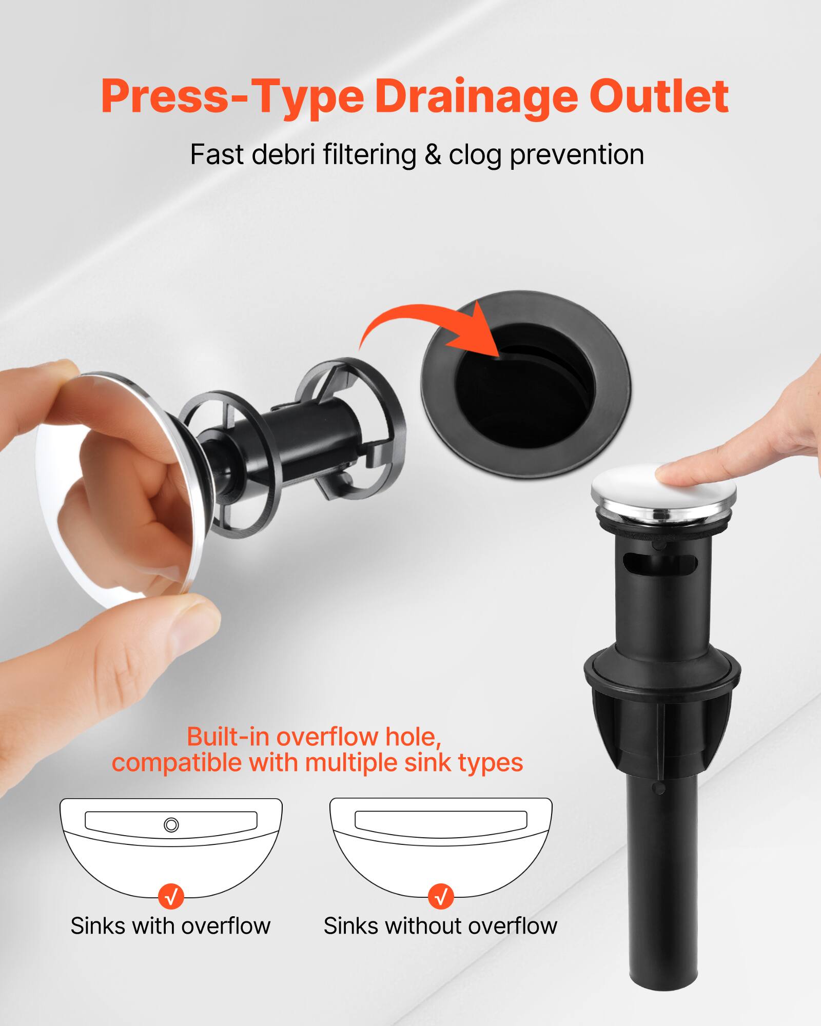 Press-Type Drainage Outlet  
Fast debris filtering & clog prevention  

Built-in overflow hole, compatible with multiple sink types  
Sinks with overflow  
Sinks without overflow