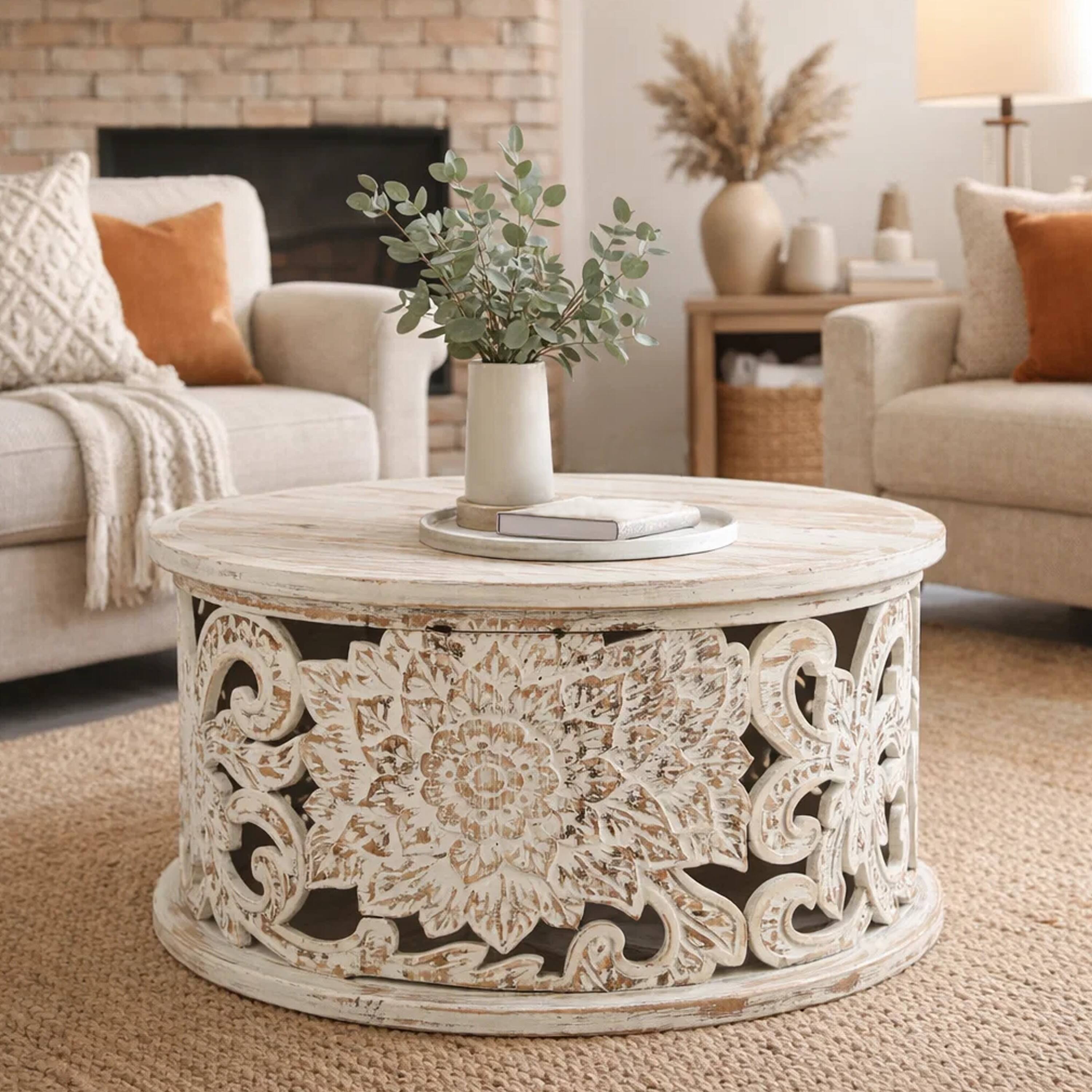 Alt View 10. Manhattan Lane - Alina Coffee Table Handcrafted Mango Wood Floral Carved Cut Out Design Distressed White Finish 33 Inch - White.
