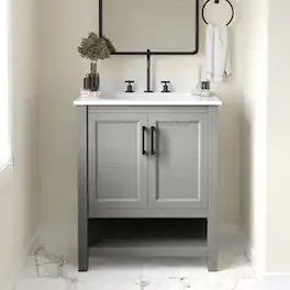 Emma + Oliver - Vesta Bathroom Vanity, Single Sink Cabinet with 2 Soft Close Doors and Open Shelf, Carrara Marble Finish Countertop - Gray Frame/Black Hardware