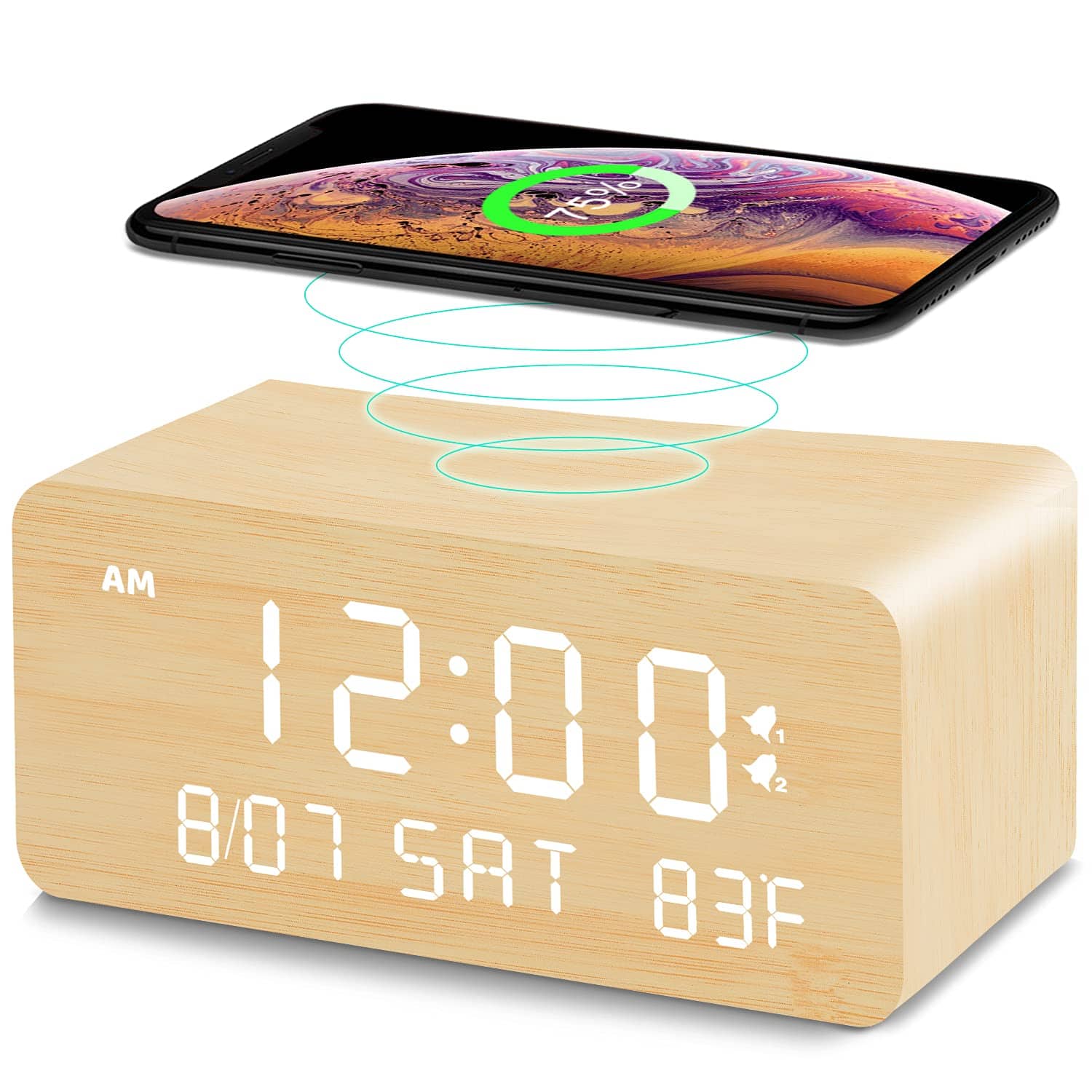 Dazzed Corner - Wooden Digital Alarm Clock with Wireless Charging, Wood LED Clock - Bamboo
