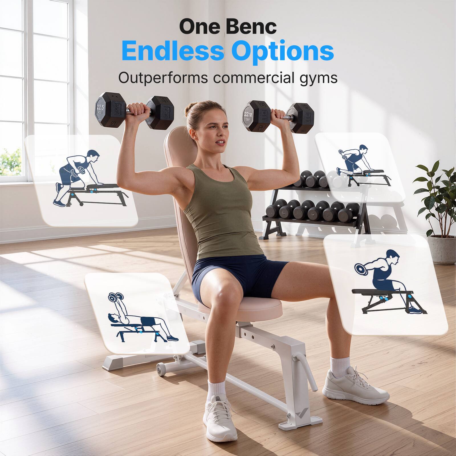 One Bench  
Endless Options  
Outperforms commercial gyms