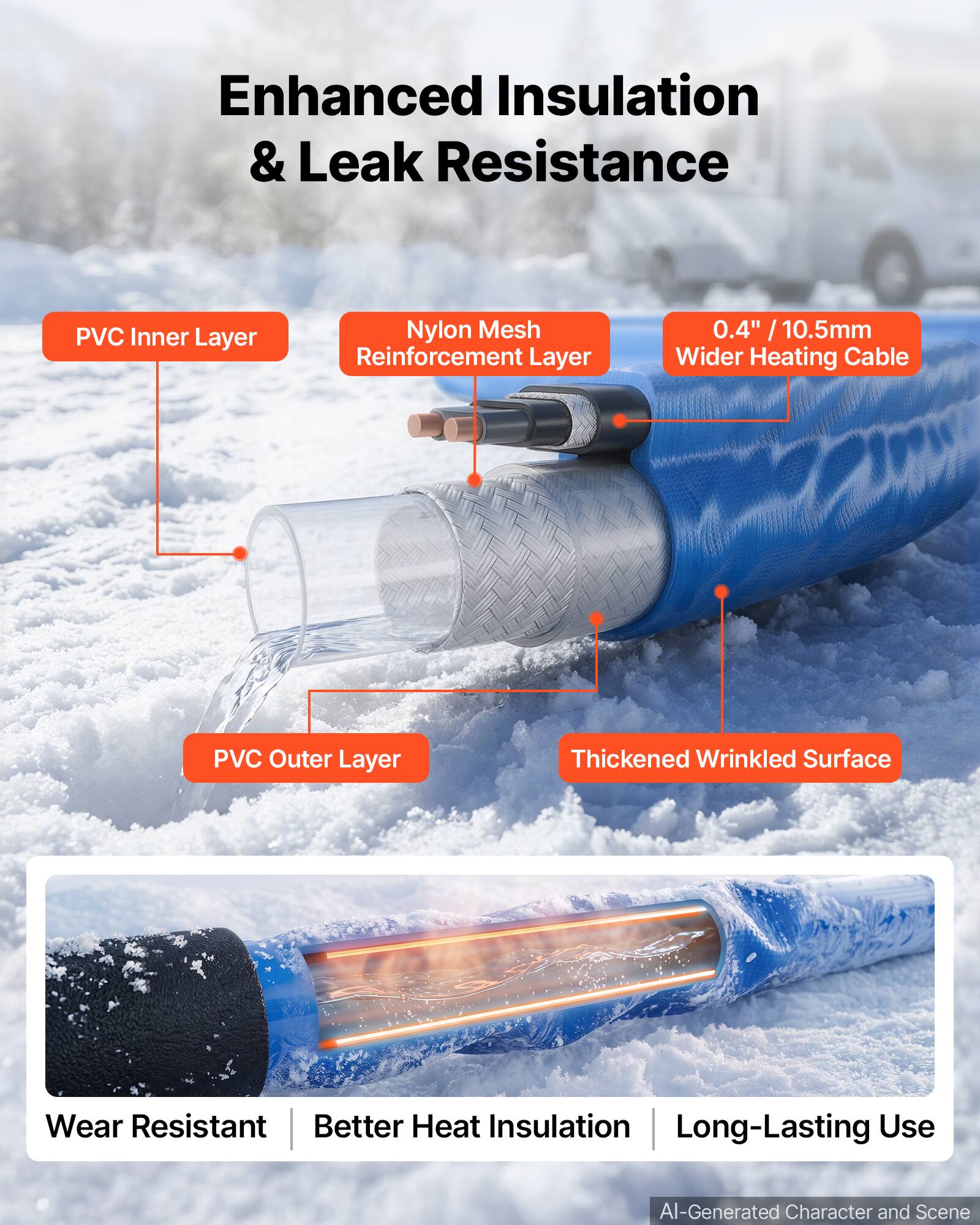 Enhanced Insulation & Leak Resistance

- PVC Inner Layer
- Nylon Mesh Reinforcement Layer
- 0.4" / 10.5mm Wider Heating Cable
- PVC Outer Layer
- Thickened Wrinkled Surface

Wear Resistant | Better Heat Insulation | Long-Lasting Use

AI-Generated Character and Scene