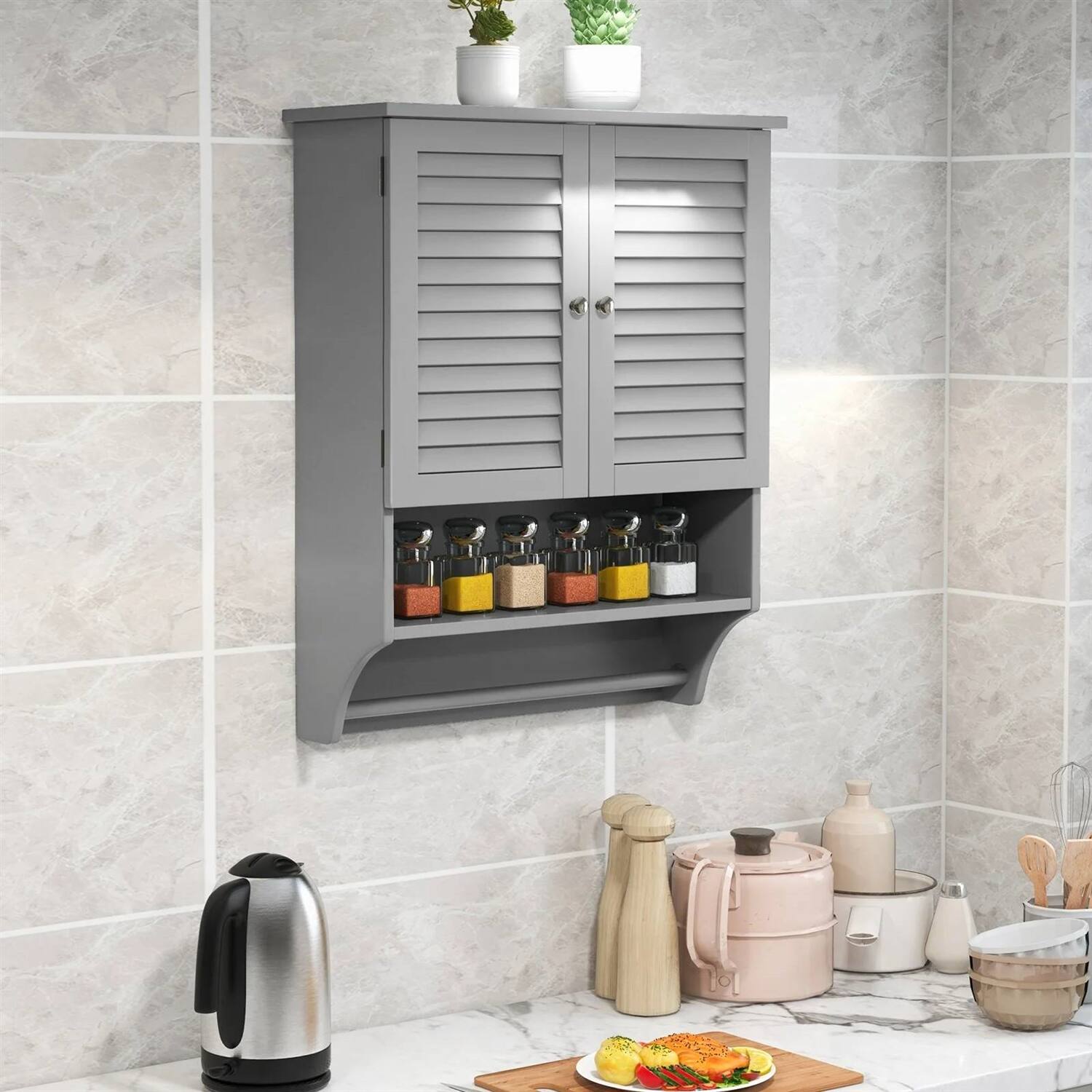 Left. Hivvago - Grey Wall-Mounted Bathroom Medicine Cabinet with Louver Doors and Towel Bar - Grey.