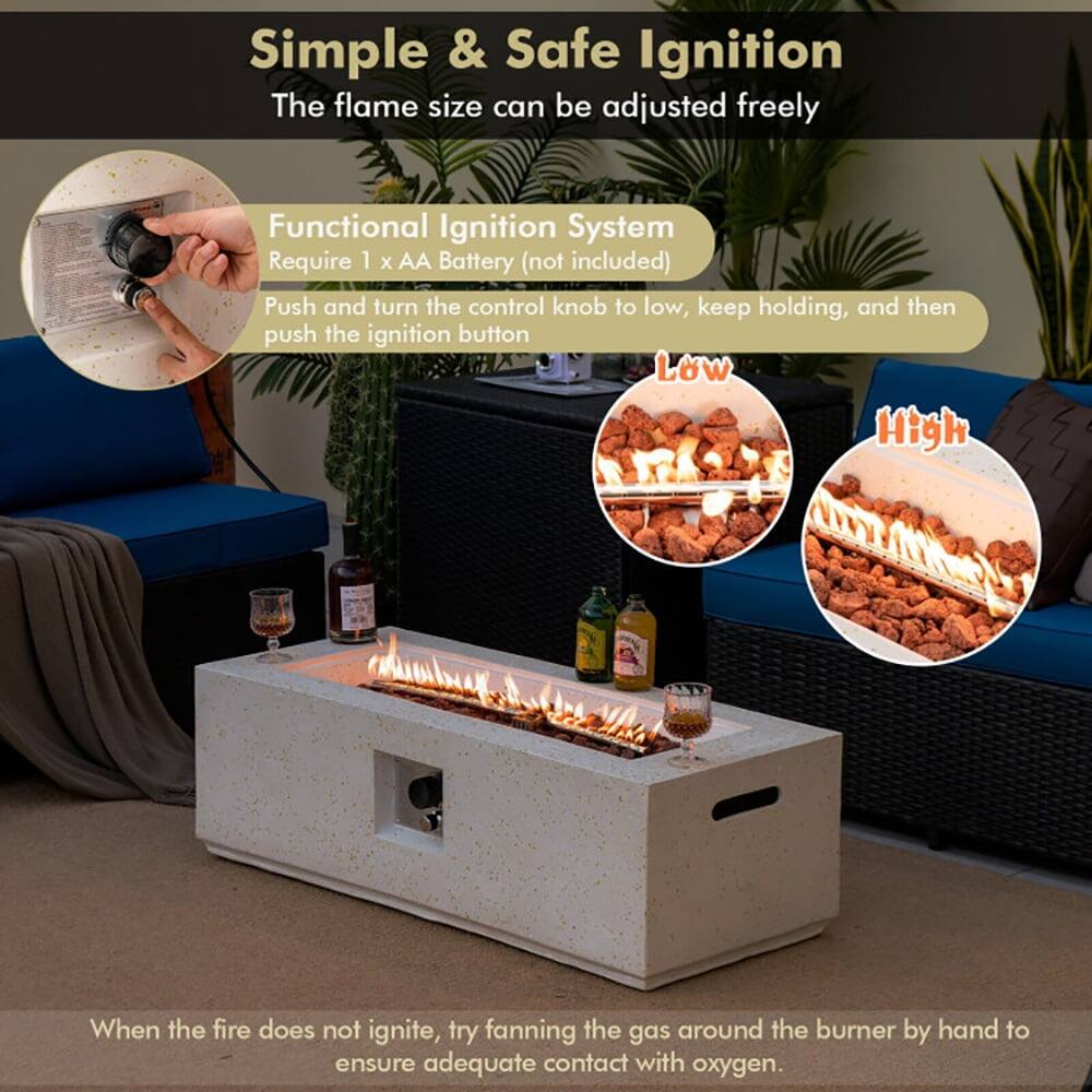 Simple & Safe Ignition  
The flame size can be adjusted freely

Functional Ignition System  
Require 1 x AA Battery (not included)  
Push and turn the control knob to low, keep holding, and then push the ignition button

Low  
High

When the fire does not ignite, try fanning the gas around the burner by hand to ensure adequate contact with oxygen.