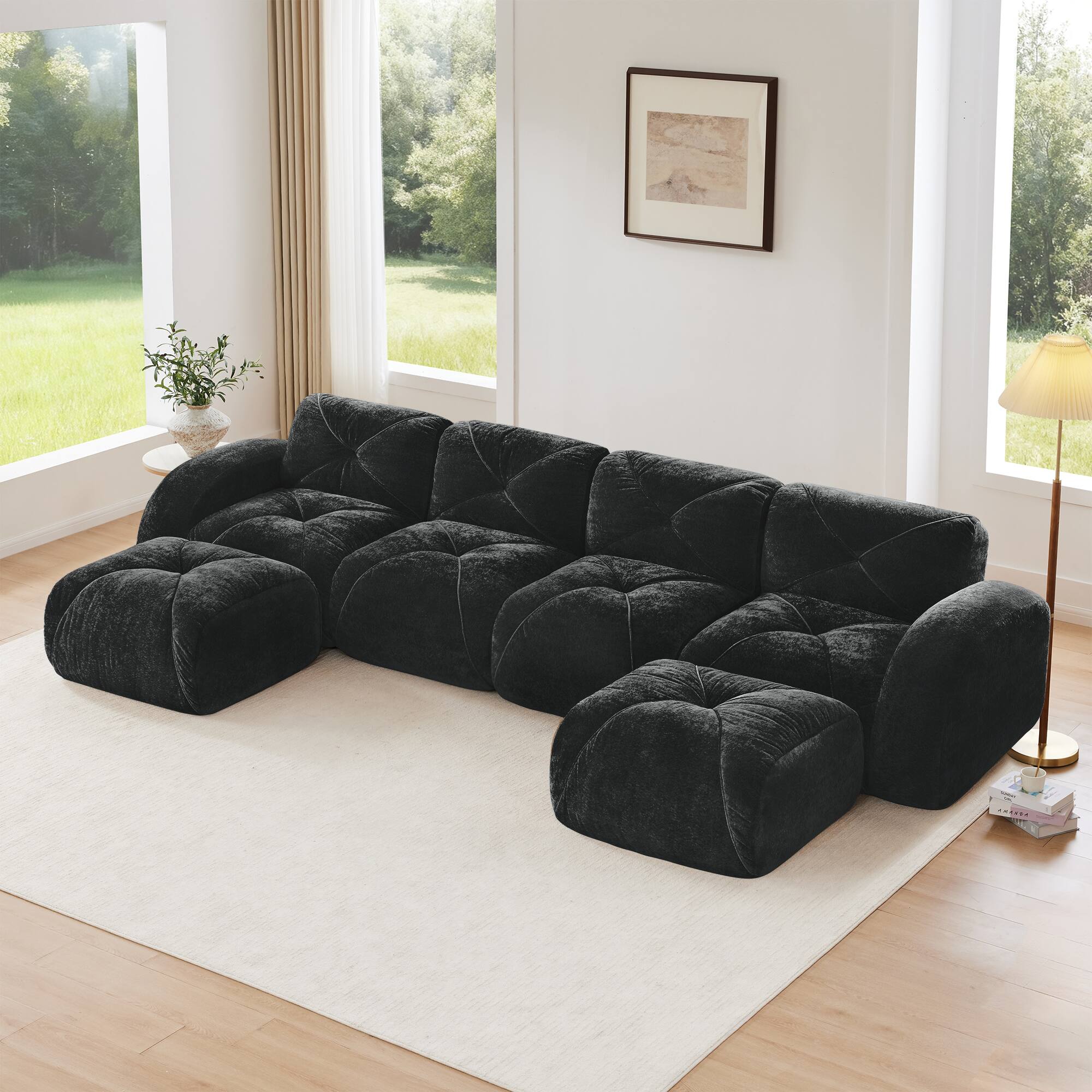 Left. Aukfa - U-Shaped Boneless Tufted Sofa - 32D High Density Sponge, Free Combination, No Assembly, with Ottomans - Black.